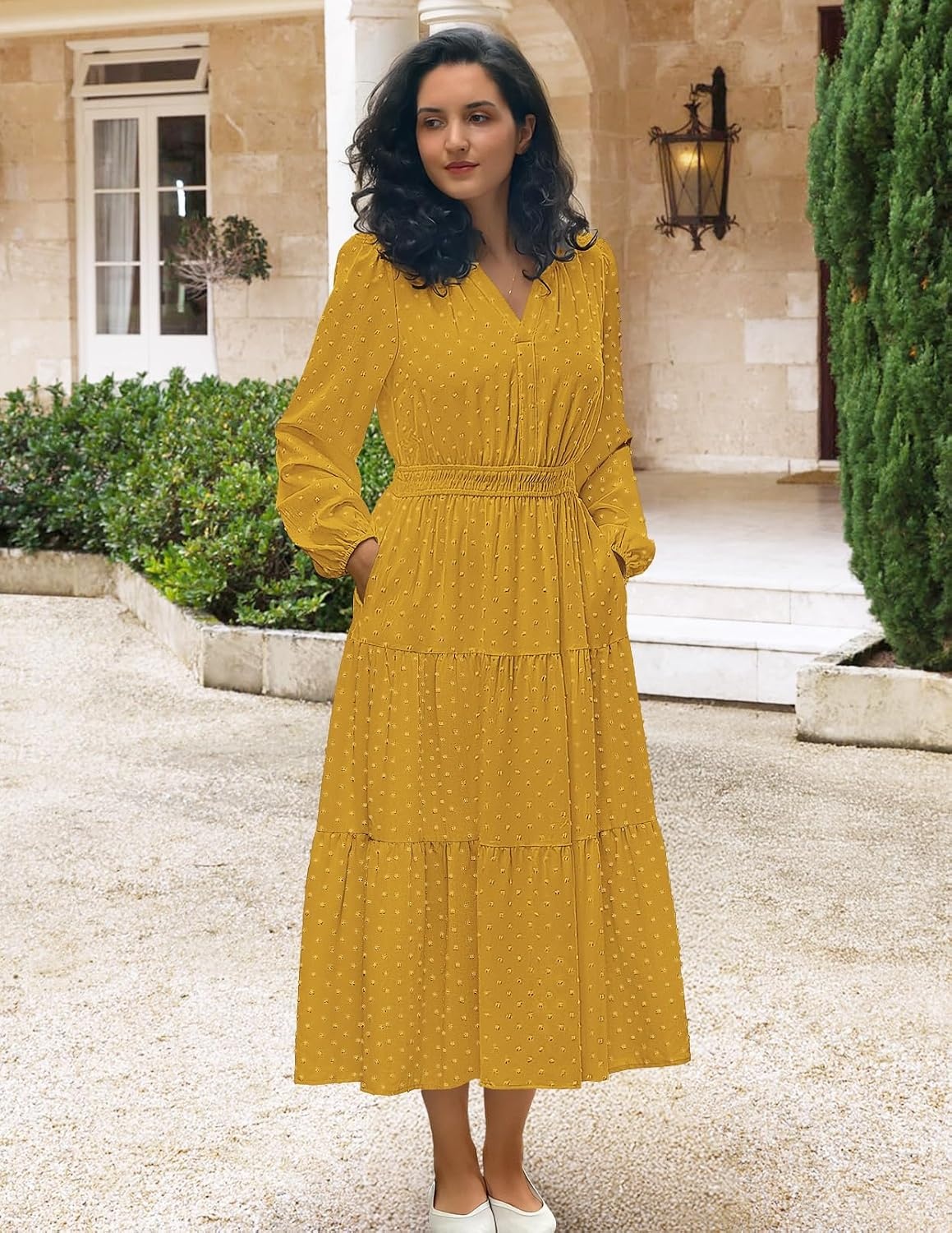 image:imageMEROKEETY Womens Fall Long Sleeve Swiss Dots Boho Maxi Dress Puff SleeveV Neck Wedding Guest Cocktail Long Dresses Double Layers Tiered Hem Elegant Classy Modern DressPocketsTurmeric
