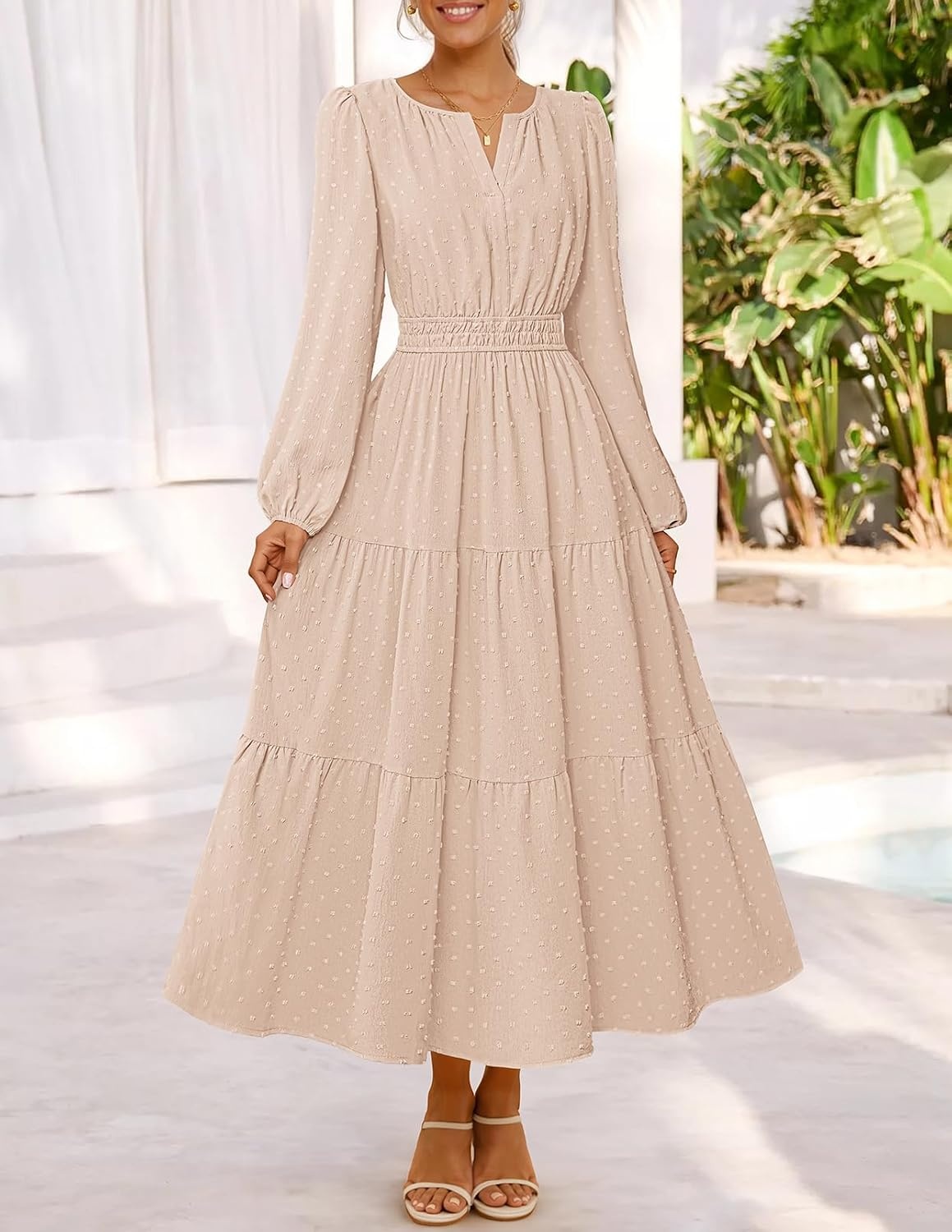 image:imageMEROKEETY Womens Fall Long Sleeve Swiss Dots Boho Maxi Dress Puff SleeveV Neck Wedding Guest Cocktail Long Dresses Double Layers Tiered Hem Elegant Classy Modern DressPocketsApricot