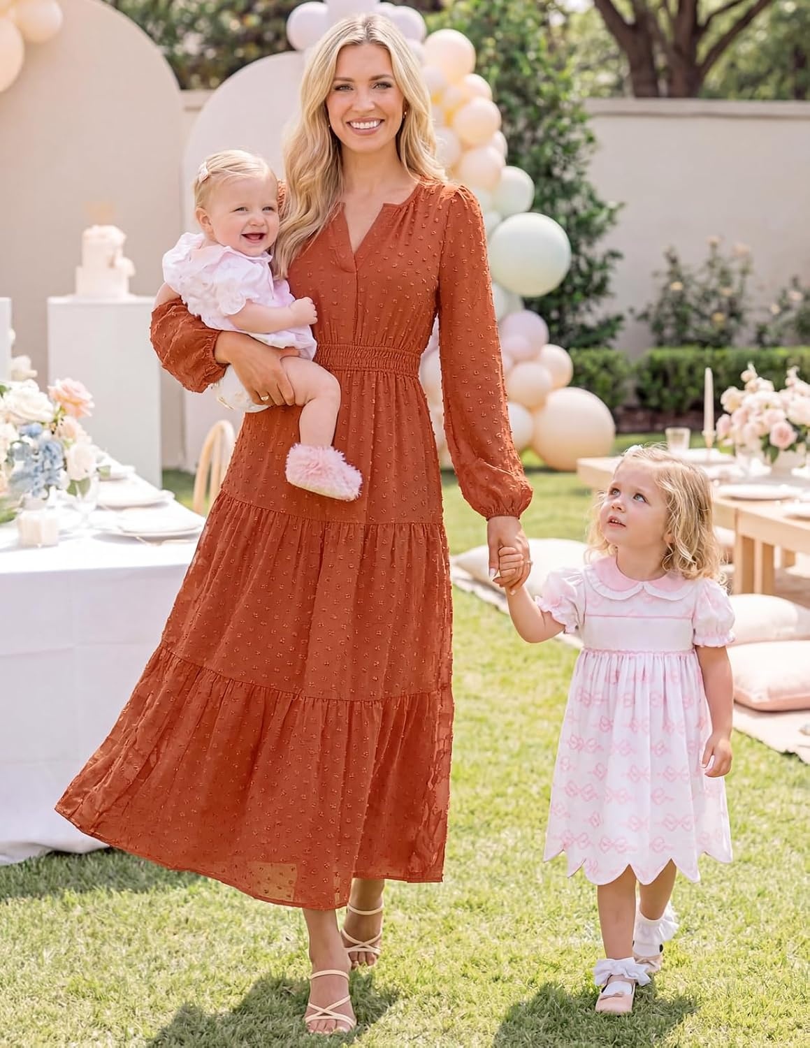 image:imageMEROKEETY Womens Fall Long Sleeve Swiss Dots Boho Maxi Dress Puff SleeveV Neck Wedding Guest Cocktail Long Dresses Double Layers Tiered Hem Elegant Classy Modern DressPocketsBrick Red