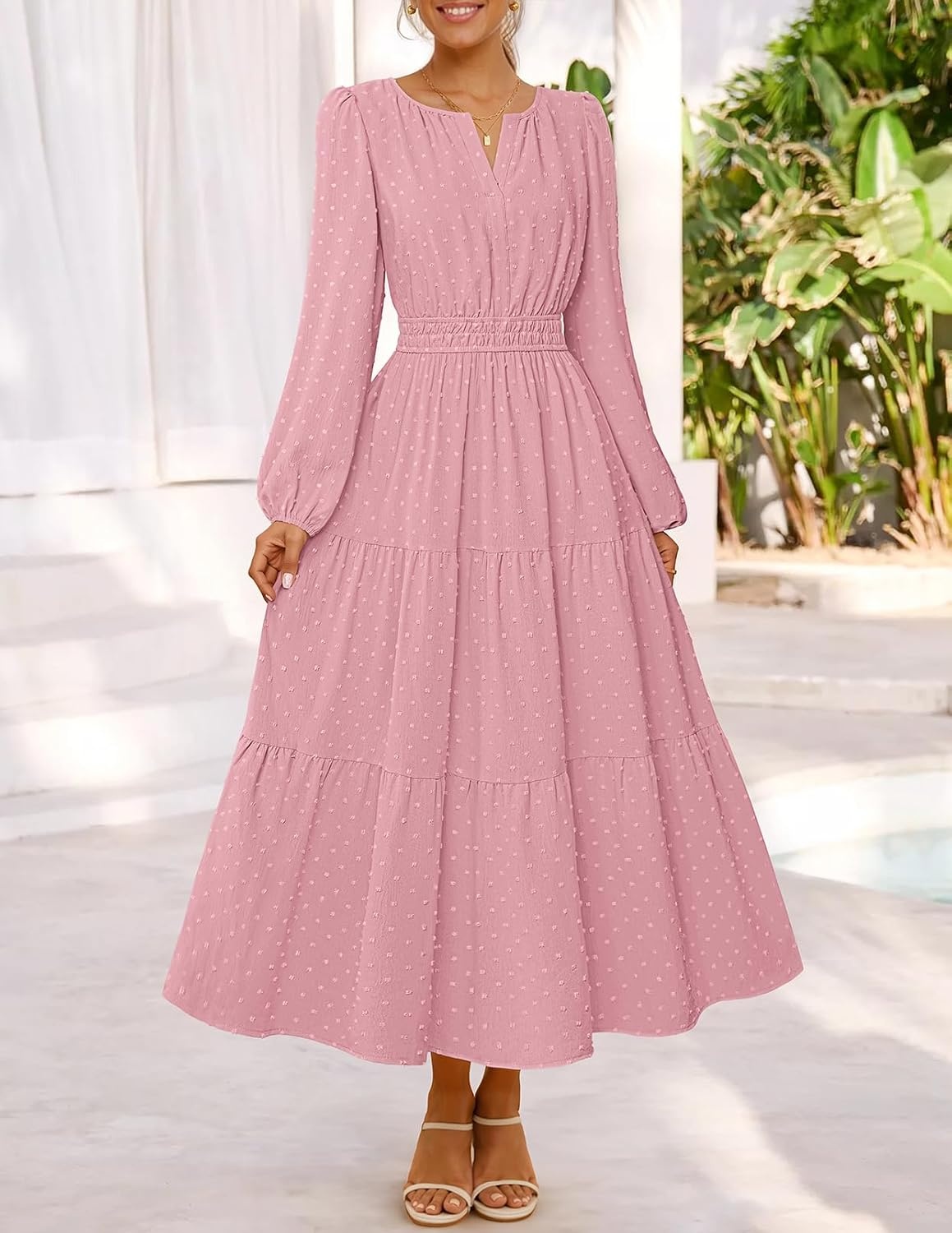 image:imageMEROKEETY Womens Fall Long Sleeve Swiss Dots Boho Maxi Dress Puff SleeveV Neck Wedding Guest Cocktail Long Dresses Double Layers Tiered Hem Elegant Classy Modern DressPocketsPink