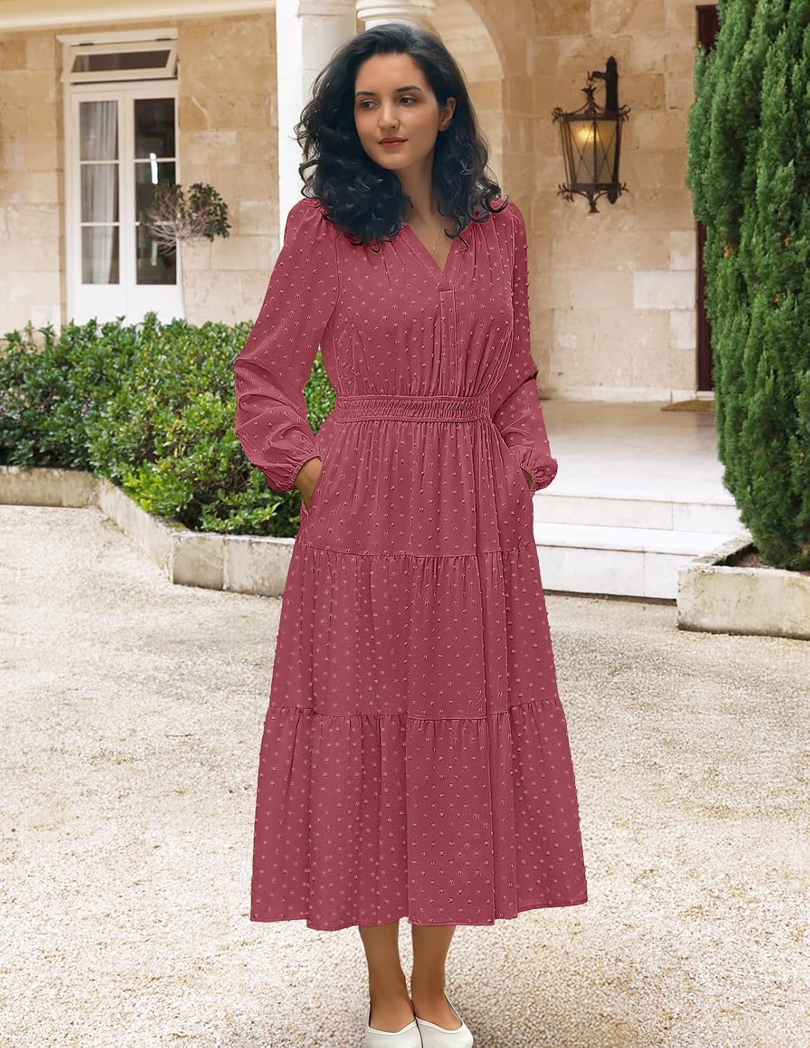 image:imageMEROKEETY Womens Fall Long Sleeve Swiss Dots Boho Maxi Dress Puff SleeveV Neck Wedding Guest Cocktail Long Dresses Double Layers Tiered Hem Elegant Classy Modern DressPocketsMaroon