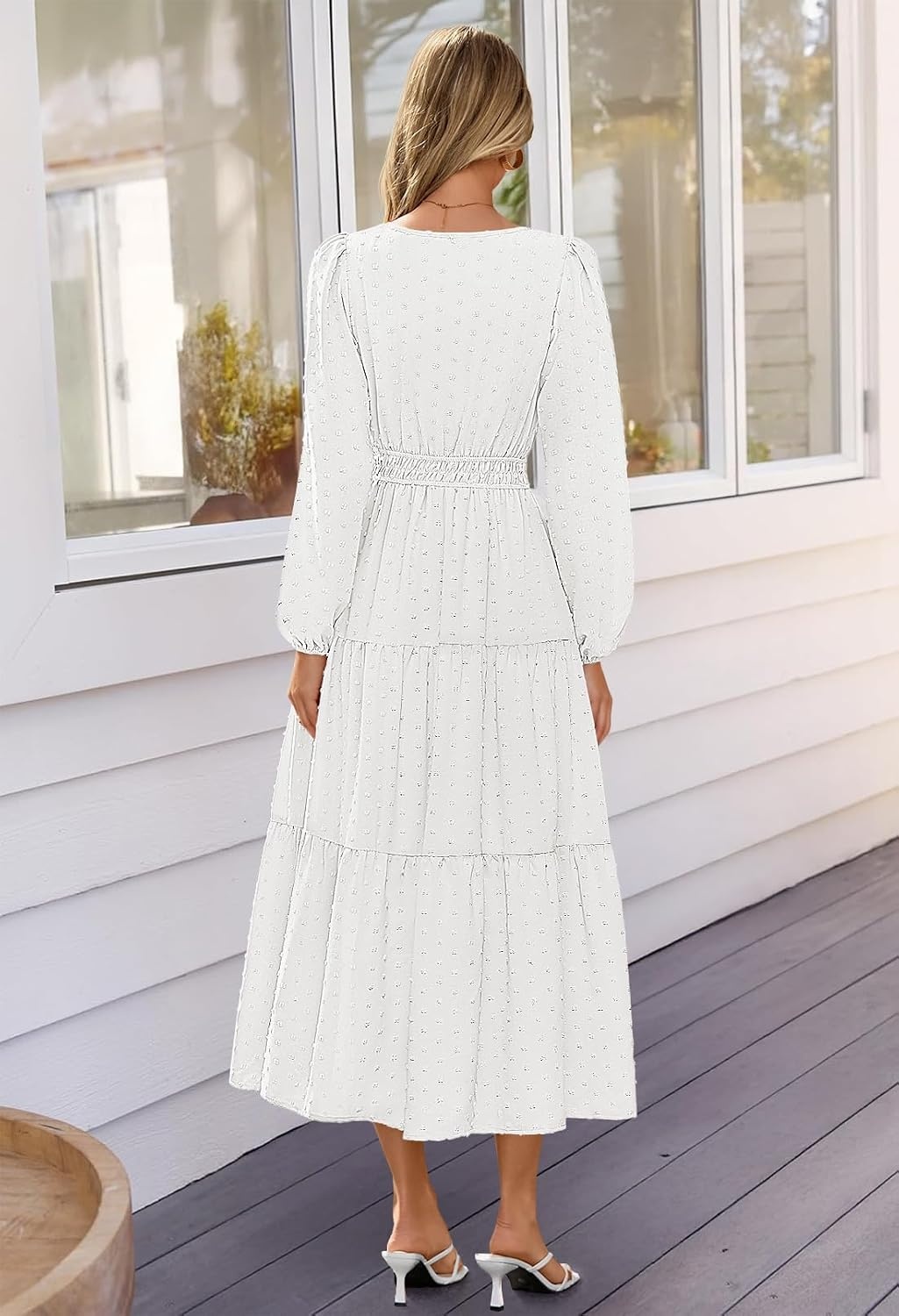 image:imageMEROKEETY Womens Fall Long Sleeve Swiss Dots Boho Maxi Dress Puff SleeveV Neck Wedding Guest Cocktail Long Dresses Double Layers Tiered Hem Elegant Classy Modern DressPocketsWhite