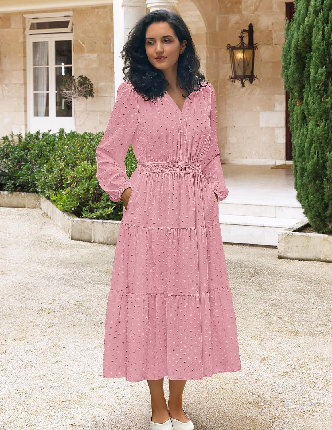 image:imageMEROKEETY Womens Fall Long Sleeve Swiss Dots Boho Maxi Dress Puff SleeveV Neck Wedding Guest Cocktail Long Dresses Double Layers Tiered Hem Elegant Classy Modern DressPocketsPink