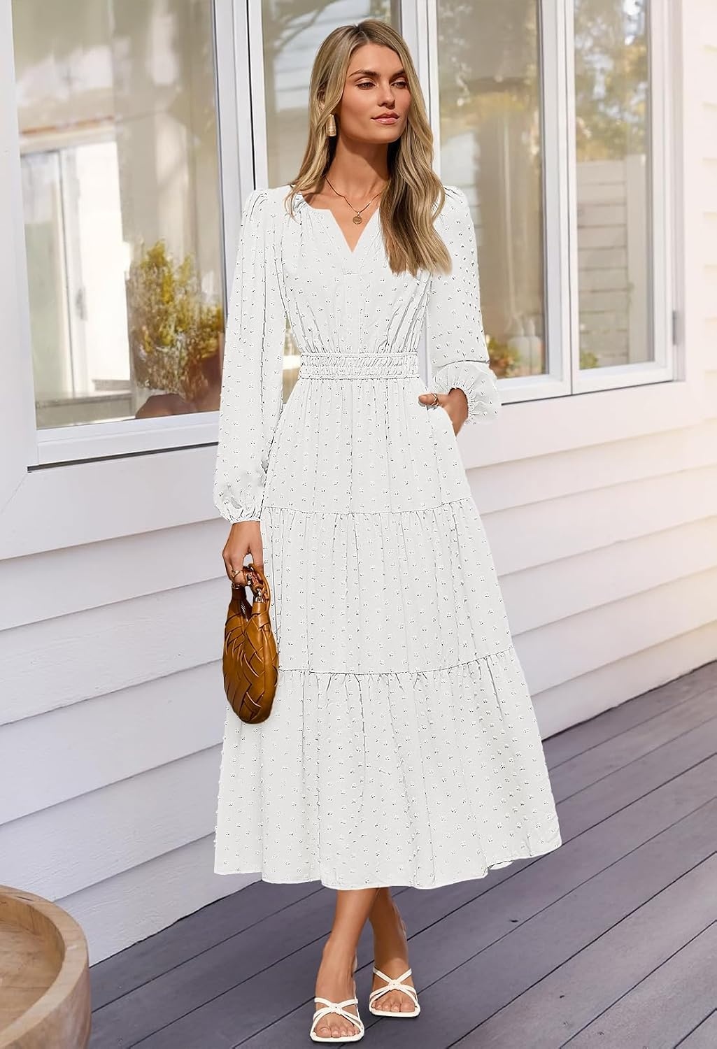 image:imageMEROKEETY Womens Fall Long Sleeve Swiss Dots Boho Maxi Dress Puff SleeveV Neck Wedding Guest Cocktail Long Dresses Double Layers Tiered Hem Elegant Classy Modern DressPocketsWhite