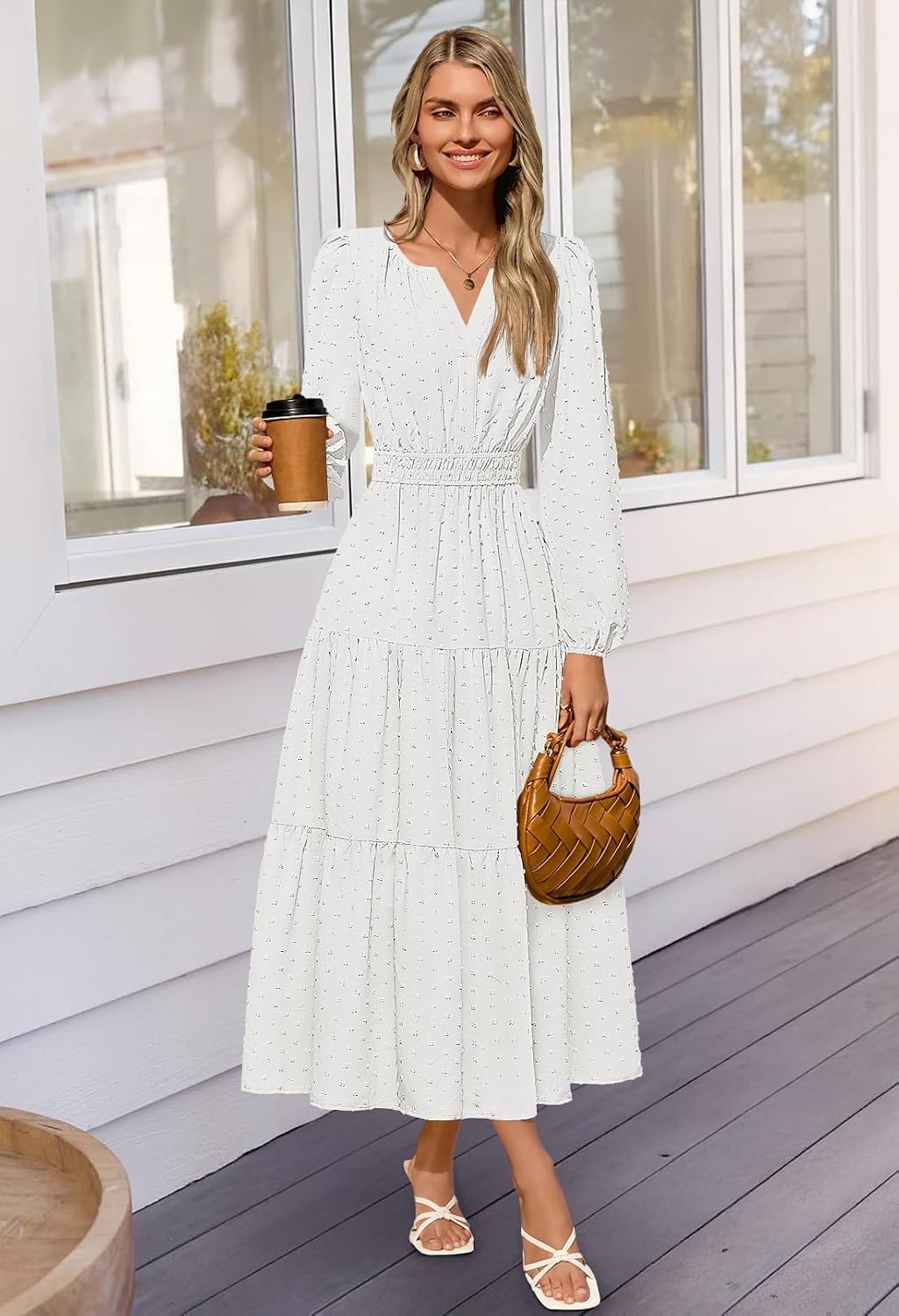 image:imageMEROKEETY Womens Fall Long Sleeve Swiss Dots Boho Maxi Dress Puff SleeveV Neck Wedding Guest Cocktail Long Dresses Double Layers Tiered Hem Elegant Classy Modern DressPocketsWhite