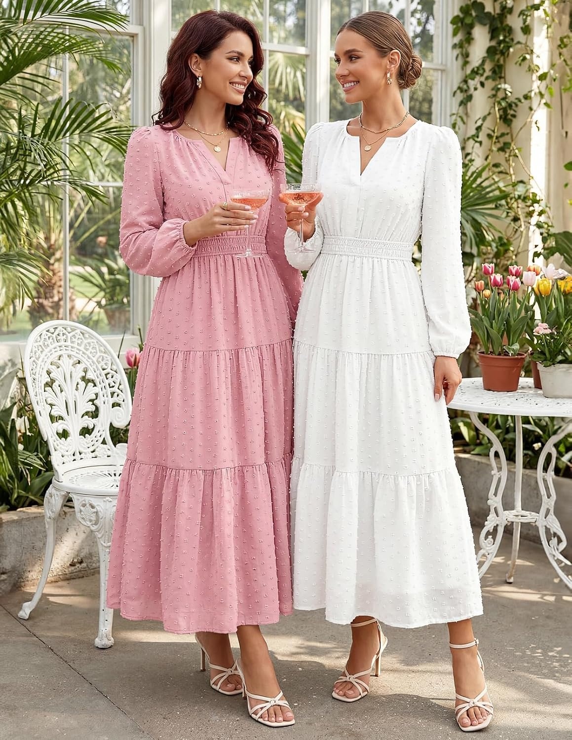 image:imageMEROKEETY Womens Fall Long Sleeve Swiss Dots Boho Maxi Dress Puff SleeveV Neck Wedding Guest Cocktail Long Dresses Double Layers Tiered Hem Elegant Classy Modern DressPocketsPink