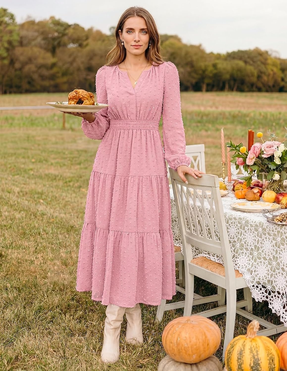 image:imageMEROKEETY Womens Fall Long Sleeve Swiss Dots Boho Maxi Dress Puff SleeveV Neck Wedding Guest Cocktail Long Dresses Double Layers Tiered Hem Elegant Classy Modern DressPocketsPink