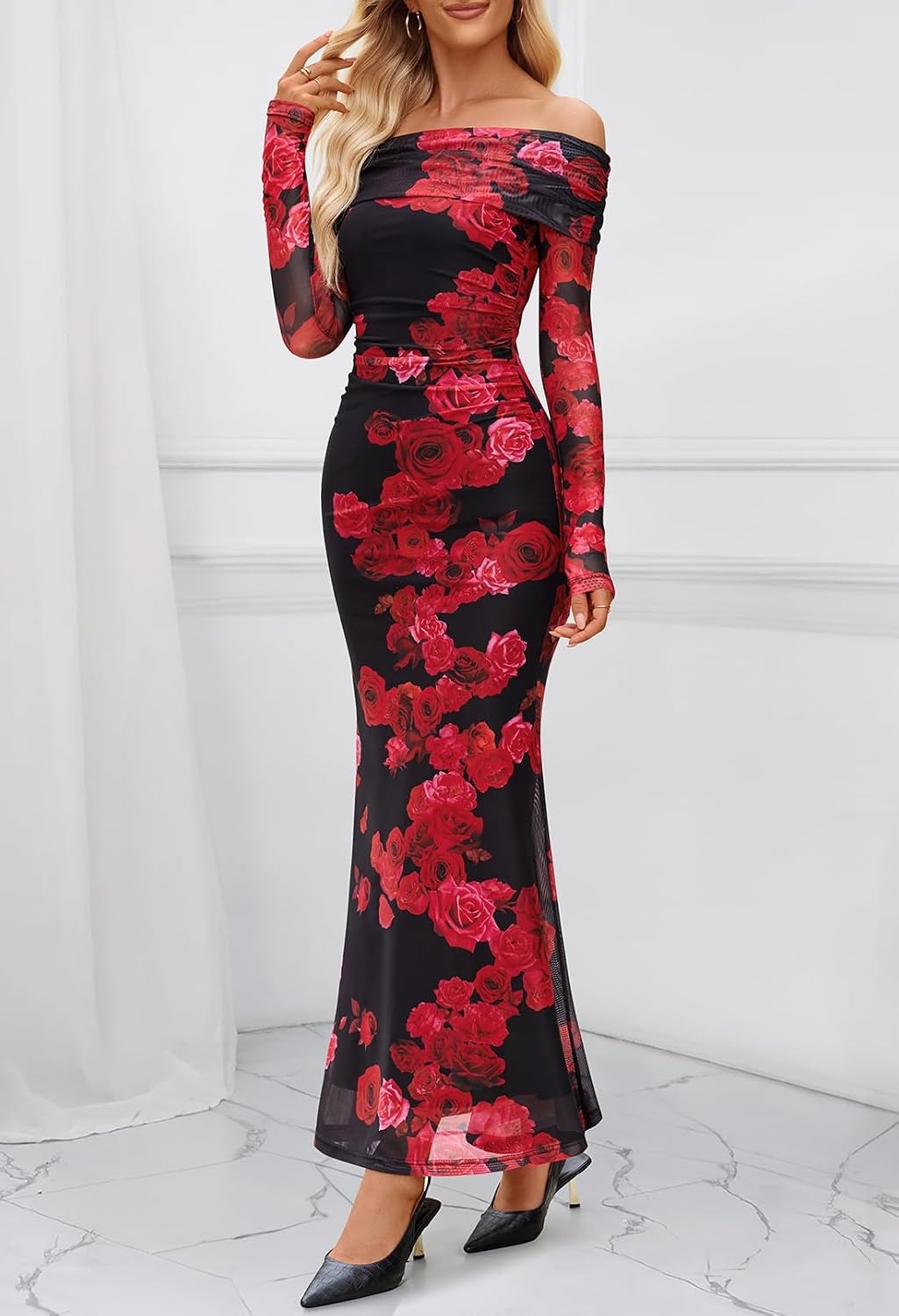 image:imageMEROKEETY Womens Fall Off Shoulder Floral Bodycon Wedding Guest Maxi Dress 2026 Long Sleeve Formal Cocktail Elegant Party Dinner Long Dress Date Night Bridal Shower Floral Mesh Prom DressesWine