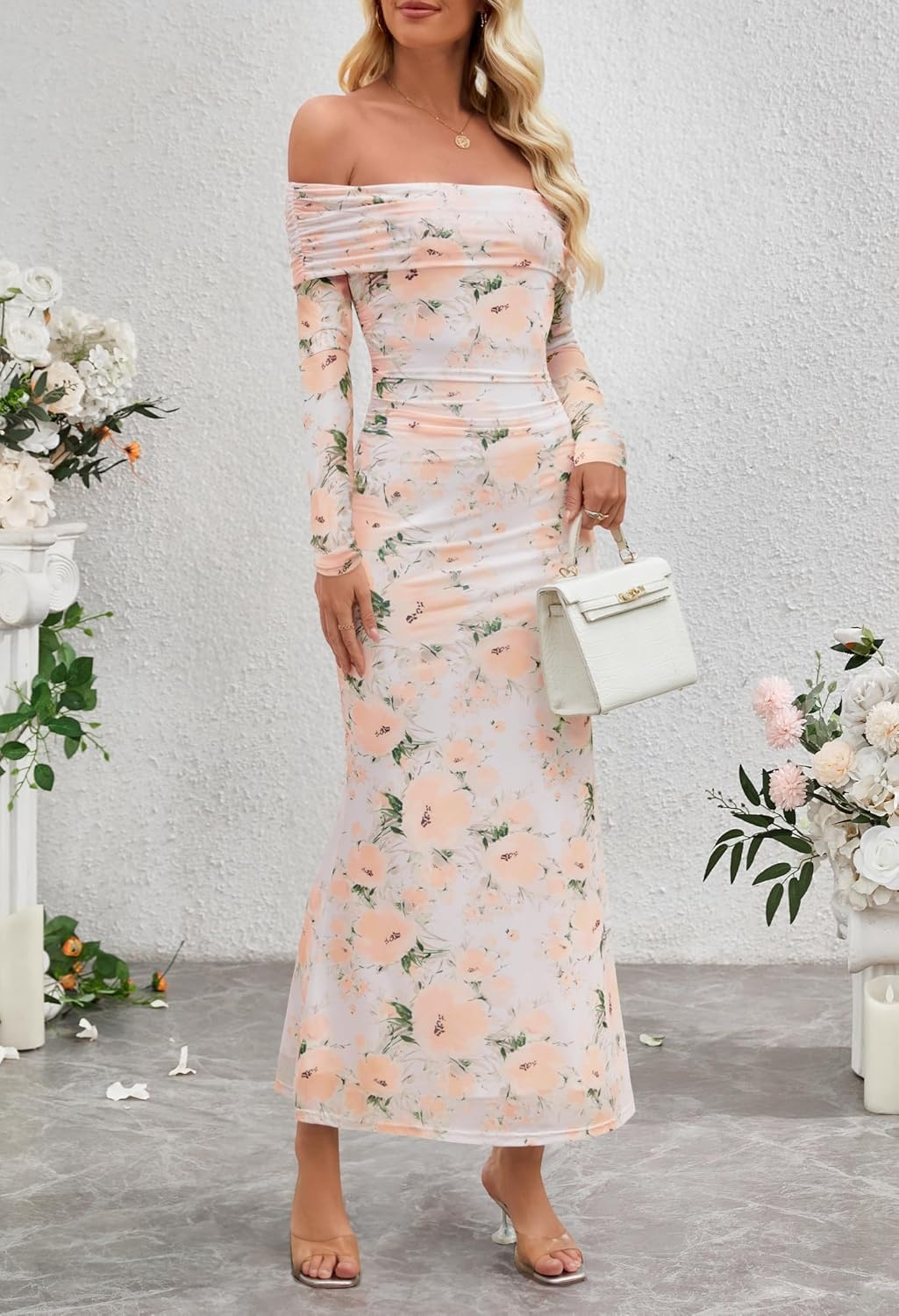 image:imageMEROKEETY Womens Fall Off Shoulder Floral Bodycon Wedding Guest Maxi Dress 2026 Long Sleeve Formal Cocktail Elegant Party Dinner Long Dress Date Night Bridal Shower Floral Mesh Prom DressesBeige