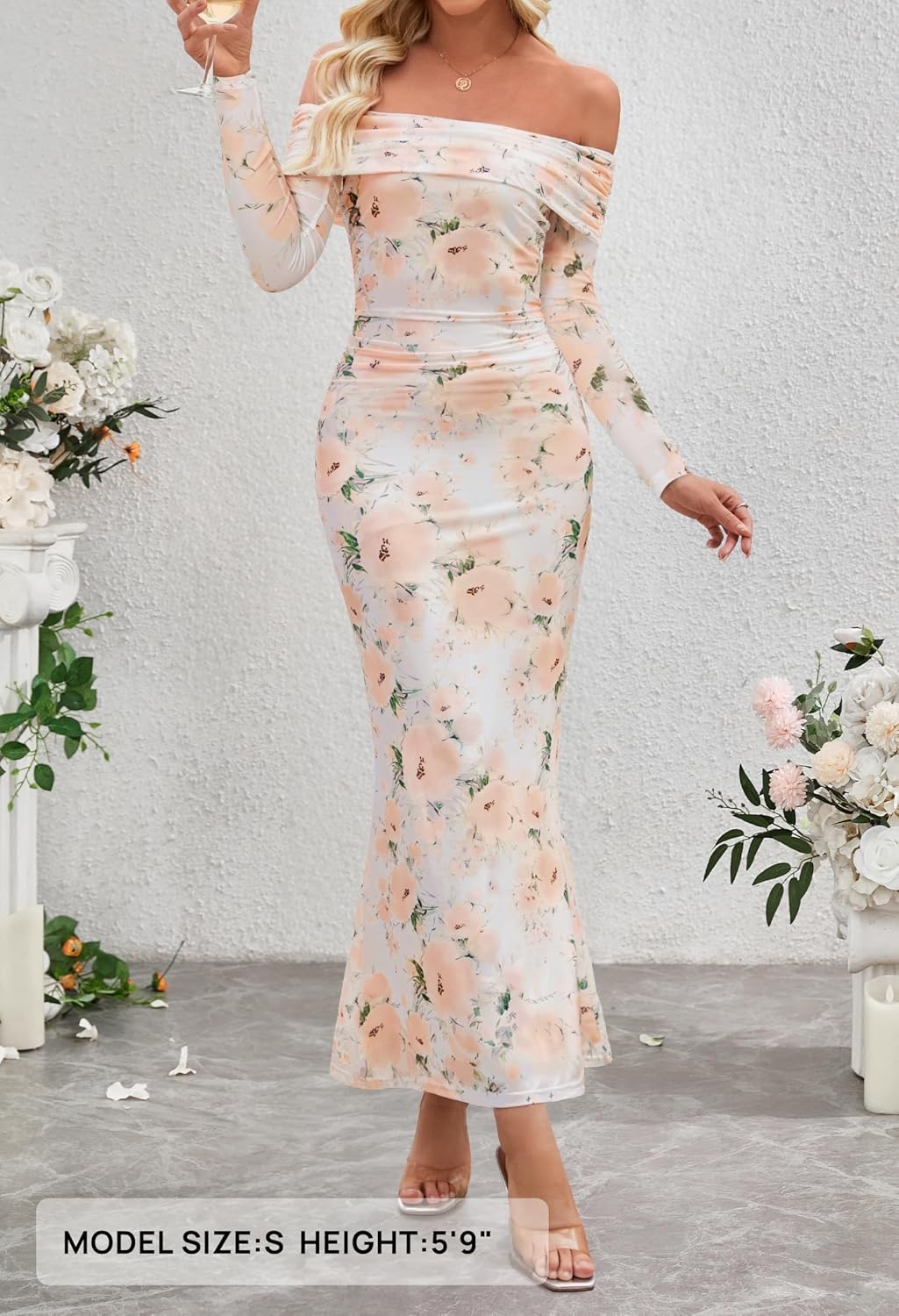 image:imageMEROKEETY Womens Fall Off Shoulder Floral Bodycon Wedding Guest Maxi Dress 2026 Long Sleeve Formal Cocktail Elegant Party Dinner Long Dress Date Night Bridal Shower Floral Mesh Prom DressesBeige
