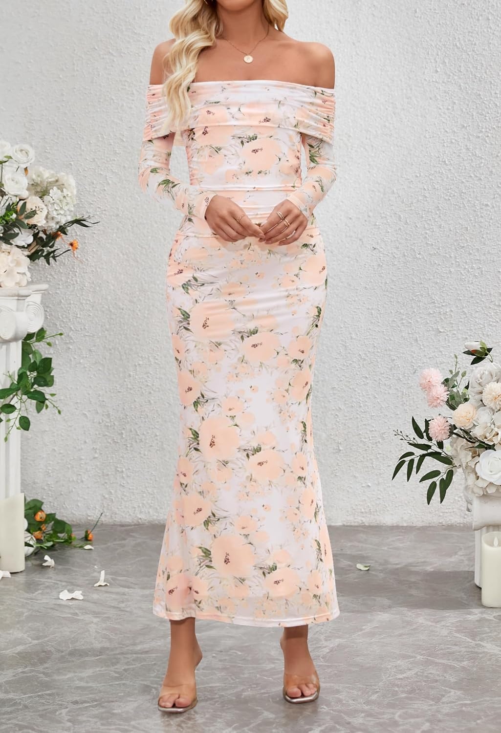 image:imageMEROKEETY Womens Fall Off Shoulder Floral Bodycon Wedding Guest Maxi Dress 2026 Long Sleeve Formal Cocktail Elegant Party Dinner Long Dress Date Night Bridal Shower Floral Mesh Prom DressesBeige