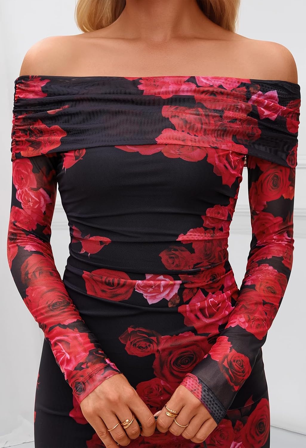 image:imageMEROKEETY Womens Fall Off Shoulder Floral Bodycon Wedding Guest Maxi Dress 2026 Long Sleeve Formal Cocktail Elegant Party Dinner Long Dress Date Night Bridal Shower Floral Mesh Prom DressesWine
