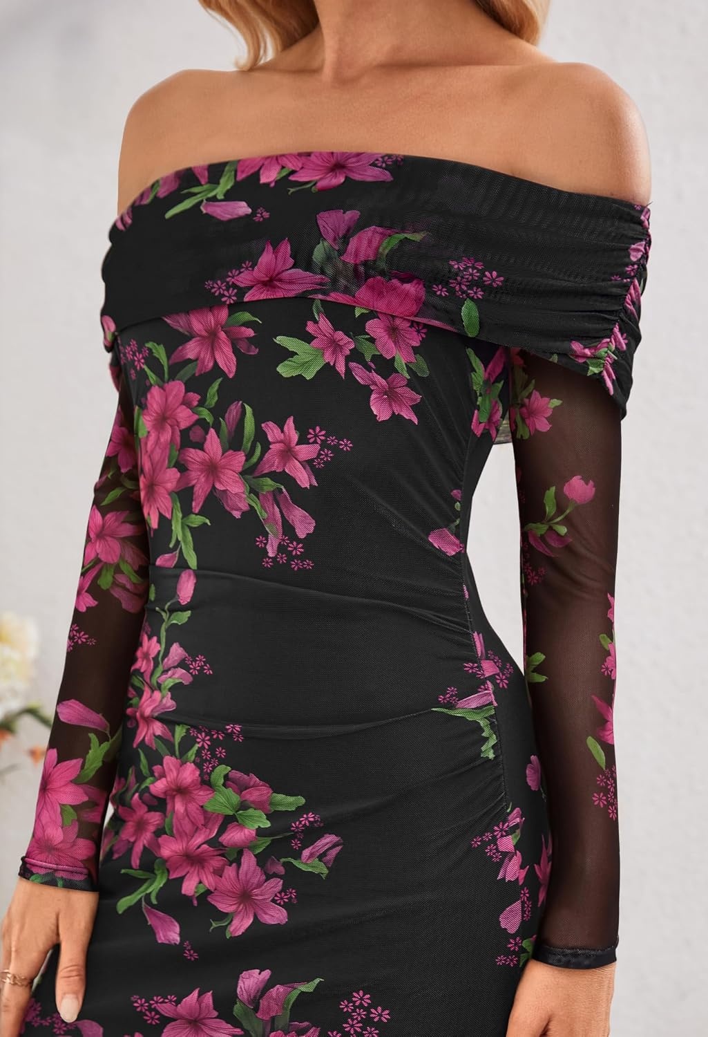image:imageMEROKEETY Womens Fall Off Shoulder Floral Bodycon Wedding Guest Maxi Dress 2026 Long Sleeve Formal Cocktail Elegant Party Dinner Long Dress Date Night Bridal Shower Floral Mesh Prom DressesBlack