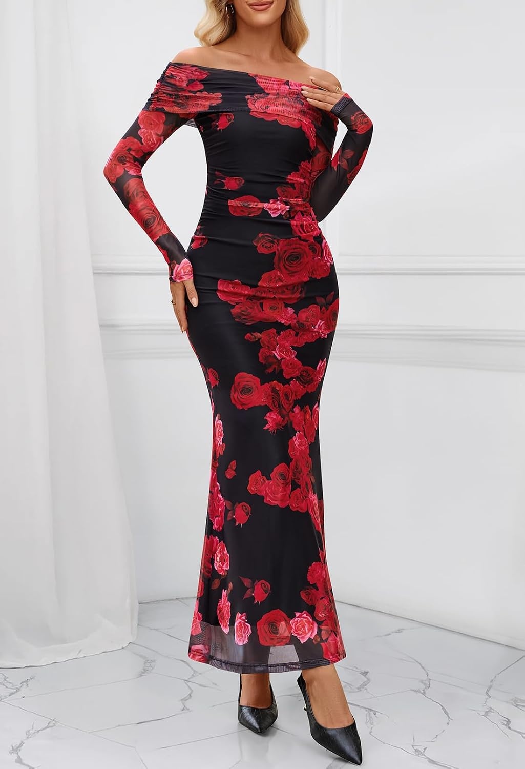 image:imageMEROKEETY Womens Fall Off Shoulder Floral Bodycon Wedding Guest Maxi Dress 2026 Long Sleeve Formal Cocktail Elegant Party Dinner Long Dress Date Night Bridal Shower Floral Mesh Prom DressesWine