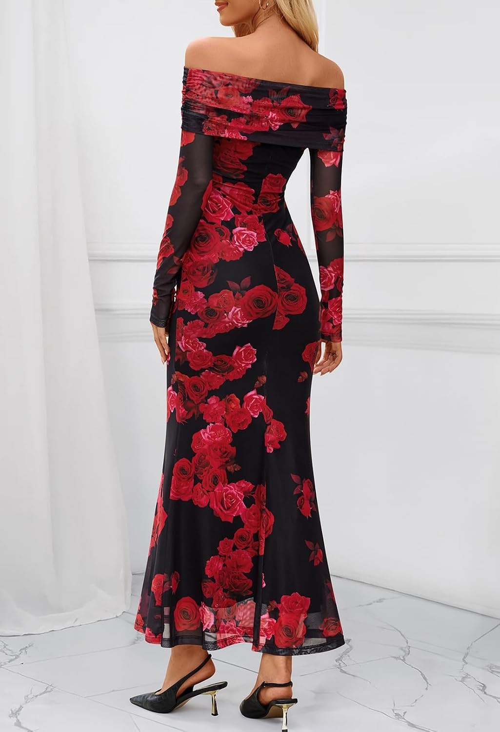 image:imageMEROKEETY Womens Fall Off Shoulder Floral Bodycon Wedding Guest Maxi Dress 2026 Long Sleeve Formal Cocktail Elegant Party Dinner Long Dress Date Night Bridal Shower Floral Mesh Prom DressesWine