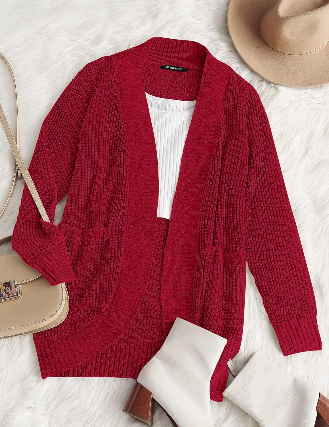image:imageMEROKEETY Womens Long Sleeve Open Front Cardigans Chunky Knit Draped Sweaters OutwearRed