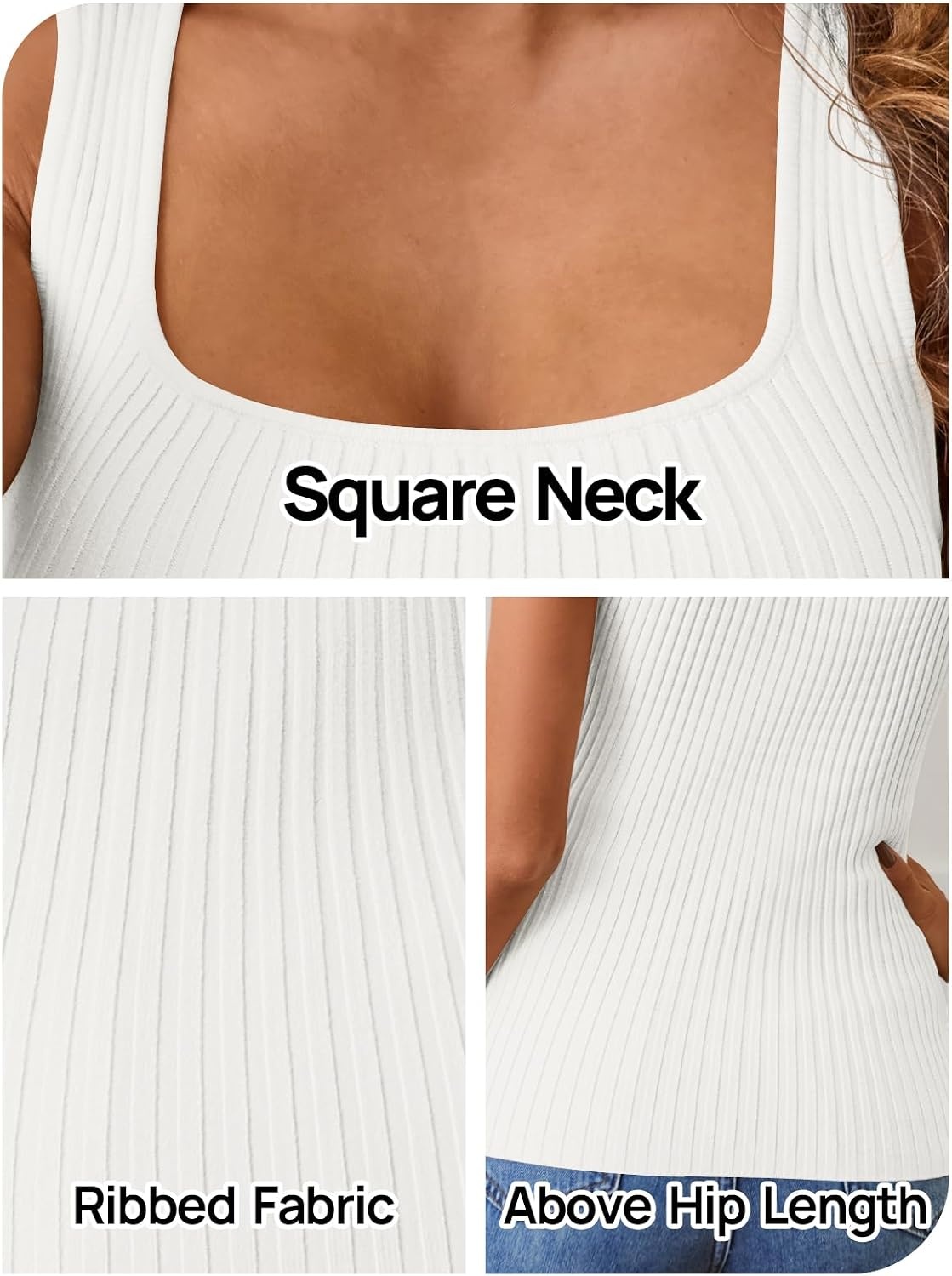image:imageMEROKEETY Womens Summer Casual Ribbed Knit Square Neck Basic Tank Tops 2026 Fitted Sleeveless Sweater Top Trendy Shirt Versatile Clothes Stretchable Soft Simple Outfit Classy Layering BlouseWhite