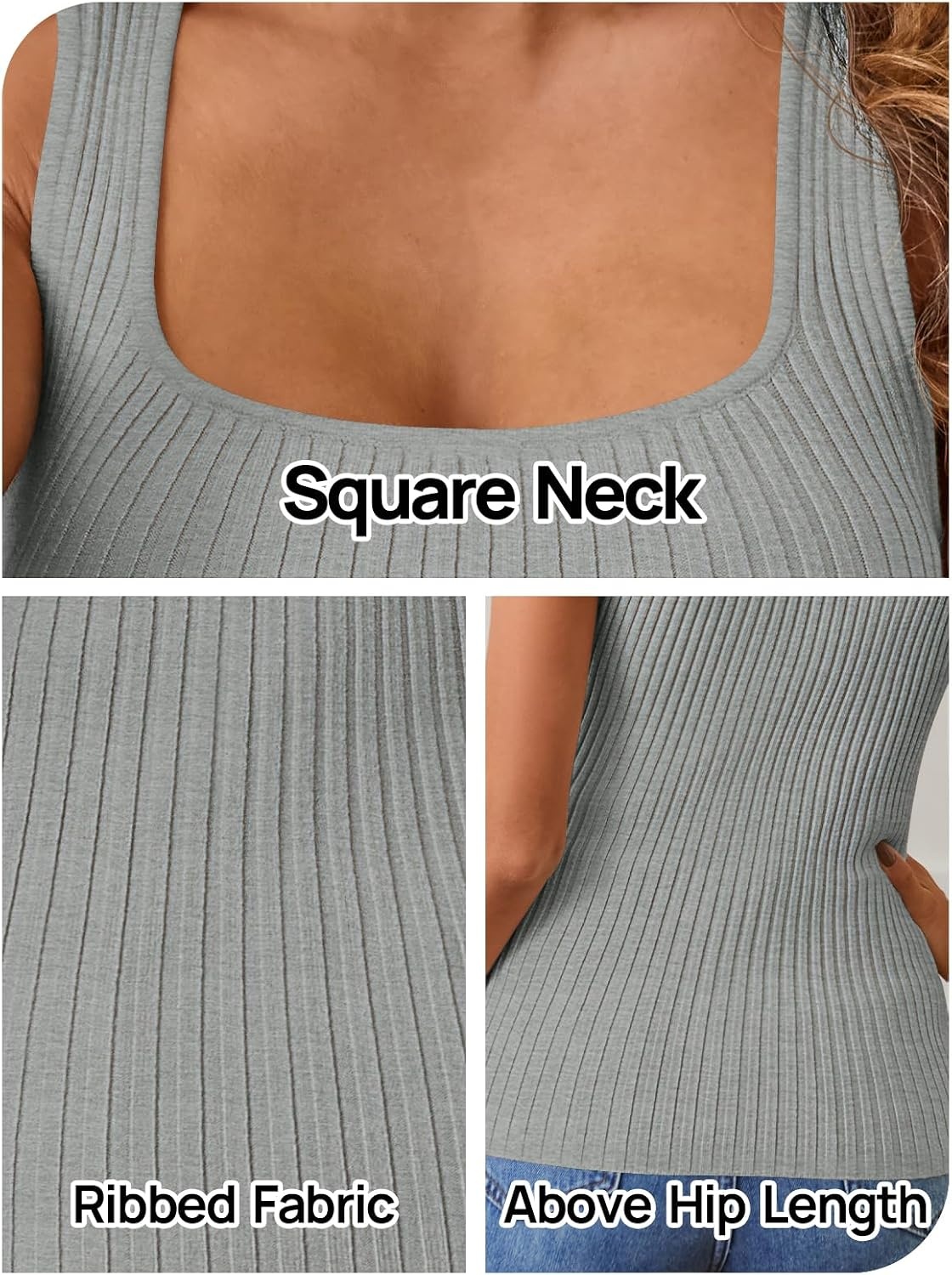 image:imageMEROKEETY Womens Summer Casual Ribbed Knit Square Neck Basic Tank Tops 2026 Fitted Sleeveless Sweater Top Trendy Shirt Versatile Clothes Stretchable Soft Simple Outfit Classy Layering BlouseGrey