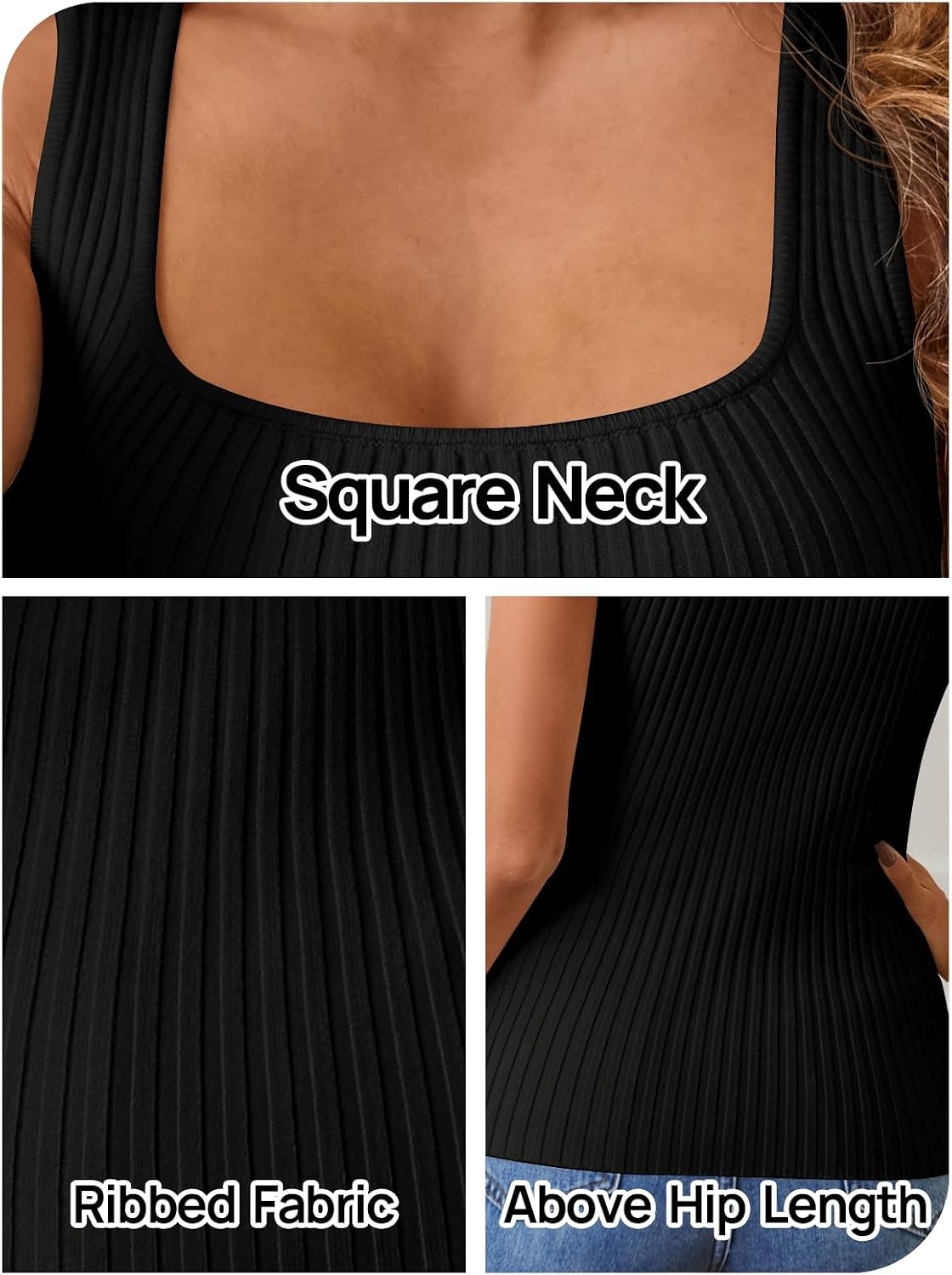 image:imageMEROKEETY Womens Summer Casual Ribbed Knit Square Neck Basic Tank Tops 2026 Fitted Sleeveless Sweater Top Trendy Shirt Versatile Clothes Stretchable Soft Simple Outfit Classy Layering BlouseBlack
