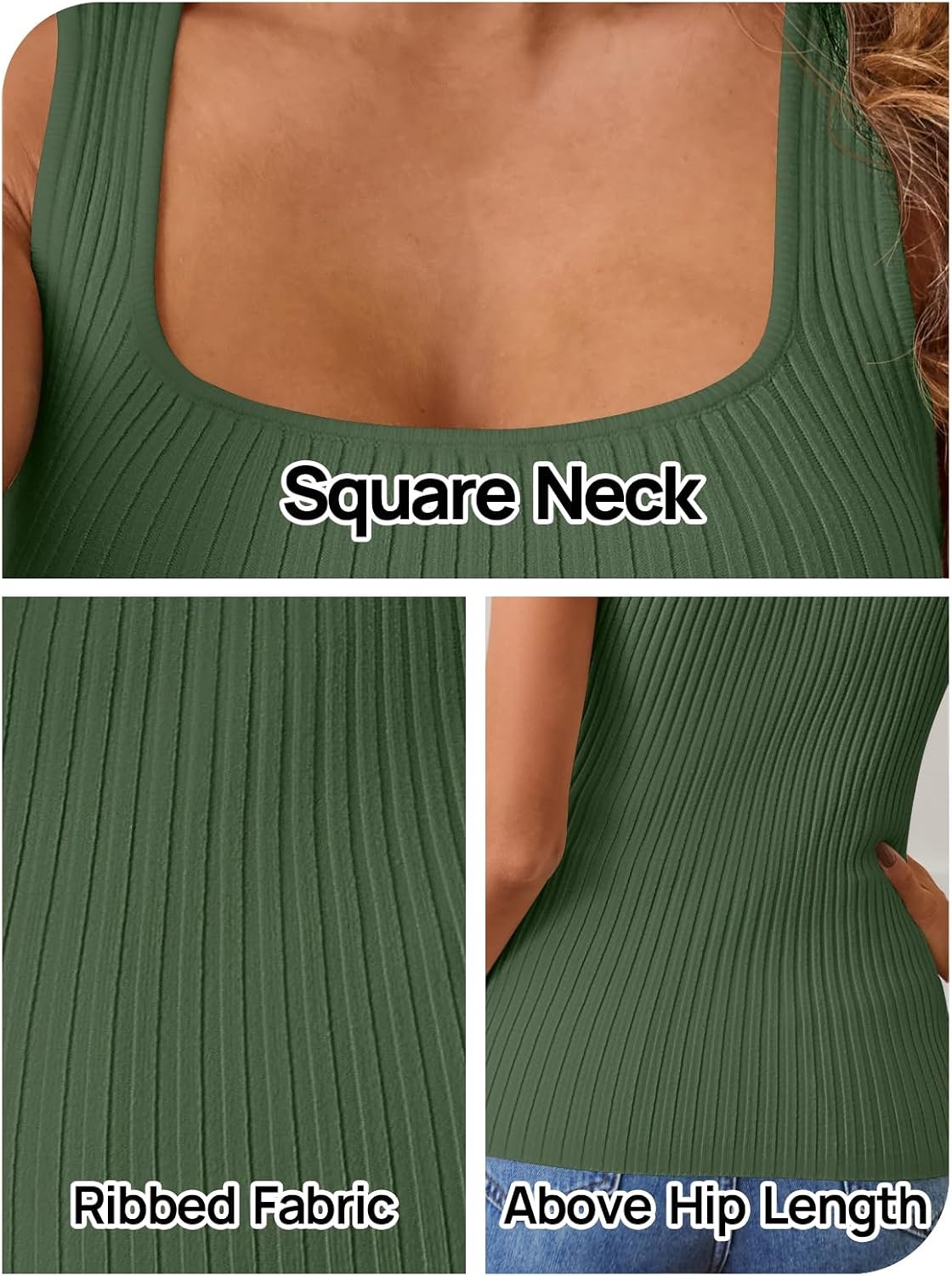 image:imageMEROKEETY Womens Summer Casual Ribbed Knit Square Neck Basic Tank Tops 2026 Fitted Sleeveless Sweater Top Trendy Shirt Versatile Clothes Stretchable Soft Simple Outfit Classy Layering BlouseGreen