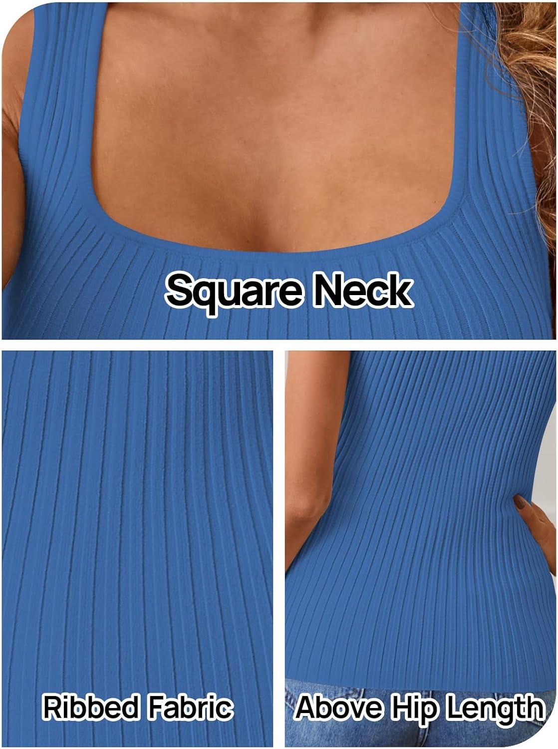 image:imageMEROKEETY Womens Summer Casual Ribbed Knit Square Neck Basic Tank Tops 2026 Fitted Sleeveless Sweater Top Trendy Shirt Versatile Clothes Stretchable Soft Simple Outfit Classy Layering BlouseBlue