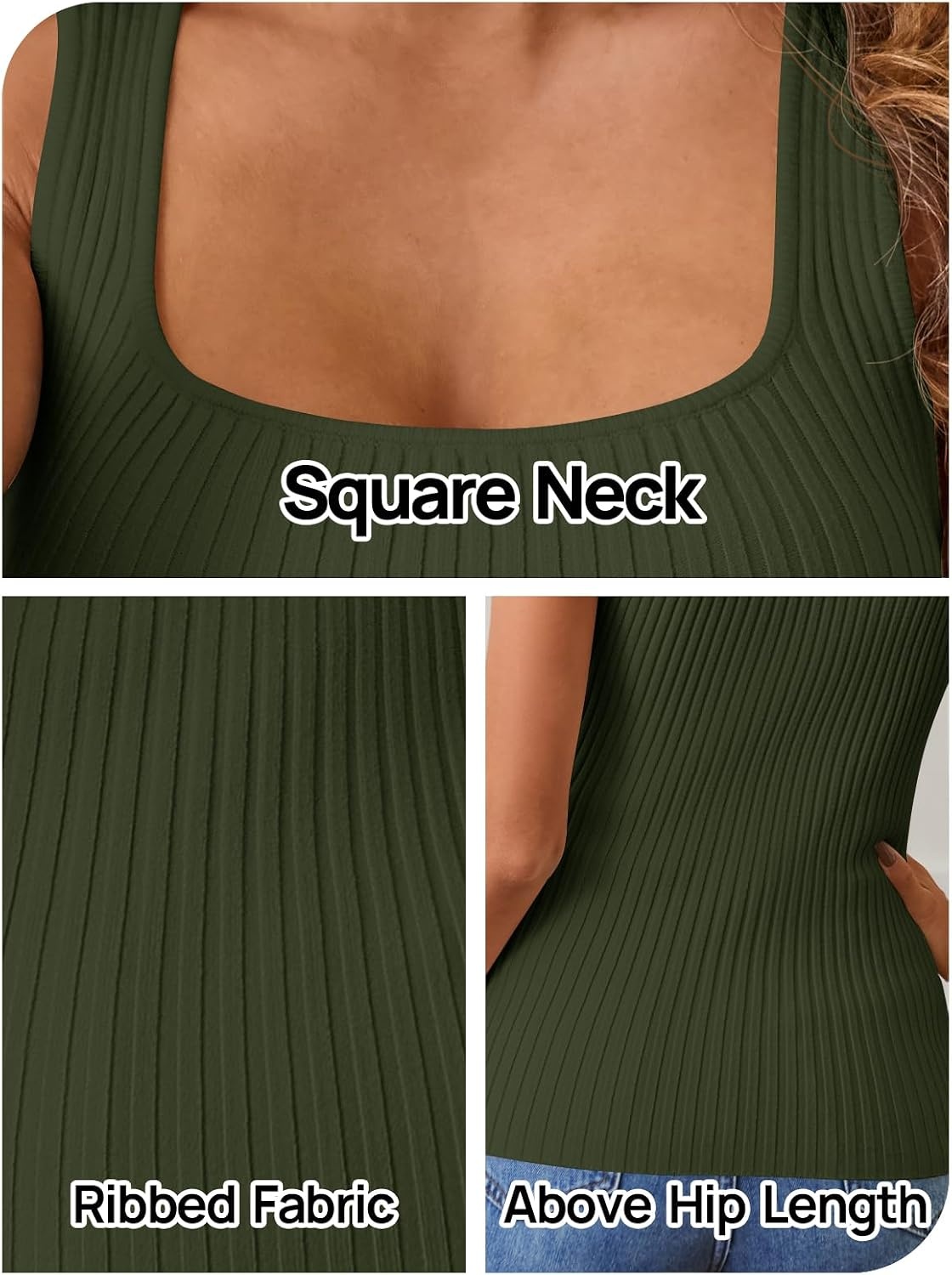 image:imageMEROKEETY Womens Summer Casual Ribbed Knit Square Neck Basic Tank Tops 2026 Fitted Sleeveless Sweater Top Trendy Shirt Versatile Clothes Stretchable Soft Simple Outfit Classy Layering BlouseArmygreen