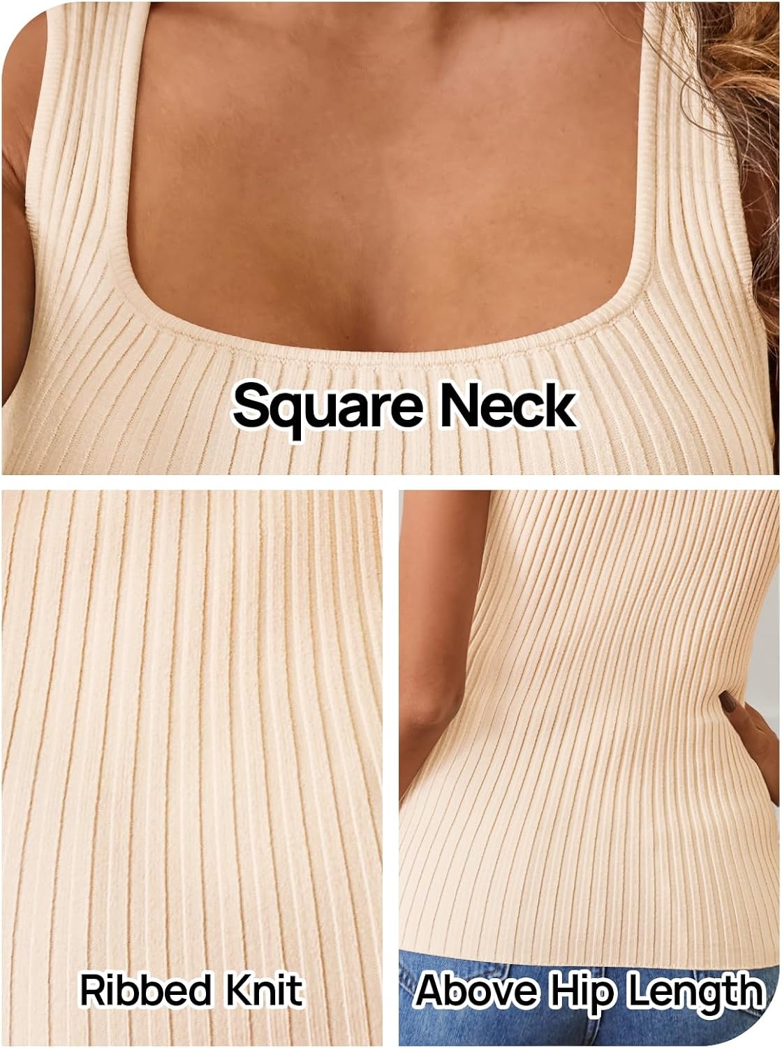 image:imageMEROKEETY Womens Summer Casual Ribbed Knit Square Neck Basic Tank Tops 2026 Fitted Sleeveless Sweater Top Trendy Shirt Versatile Clothes Stretchable Soft Simple Outfit Classy Layering BlouseBeige