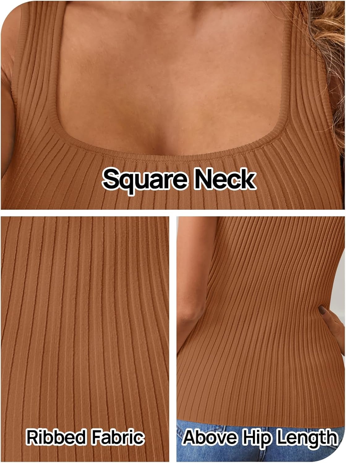 image:imageMEROKEETY Womens Summer Casual Ribbed Knit Square Neck Basic Tank Tops 2026 Fitted Sleeveless Sweater Top Trendy Shirt Versatile Clothes Stretchable Soft Simple Outfit Classy Layering BlouseCaramel