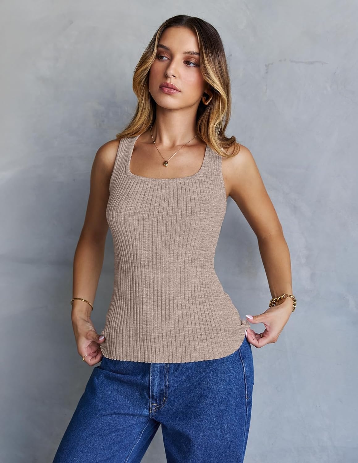 image:imageMEROKEETY Womens Summer Casual Ribbed Knit Square Neck Basic Tank Tops 2026 Fitted Sleeveless Sweater Top Trendy Shirt Versatile Clothes Stretchable Soft Simple Outfit Classy Layering BlouseCashmere
