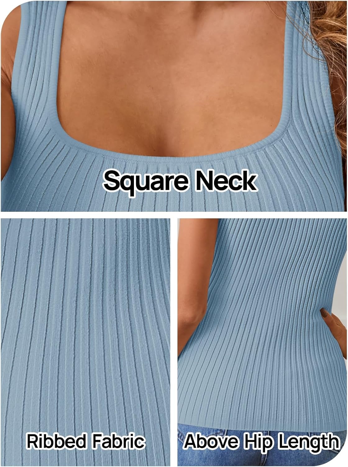 image:imageMEROKEETY Womens Summer Casual Ribbed Knit Square Neck Basic Tank Tops 2026 Fitted Sleeveless Sweater Top Trendy Shirt Versatile Clothes Stretchable Soft Simple Outfit Classy Layering BlouseSkyblue