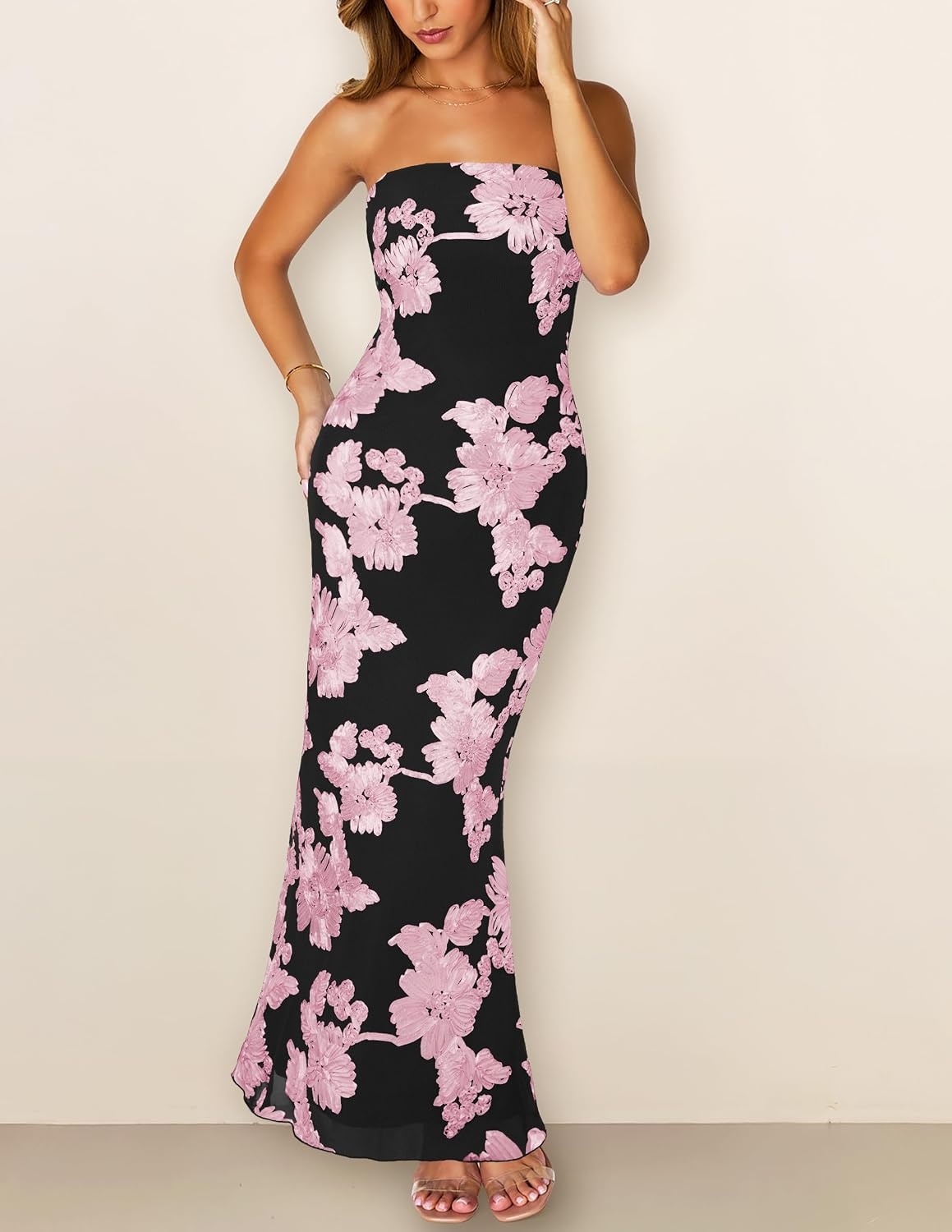 image:imageMEROKEETY Womens Summer Floral Wedding Guest Cocktail Maxi Dress Strapless Tube Top Mesh Bodycon Lined Mermaid 2026 Summer Dress Formal Elegant Prom Baby Shower Party Long DressPeach