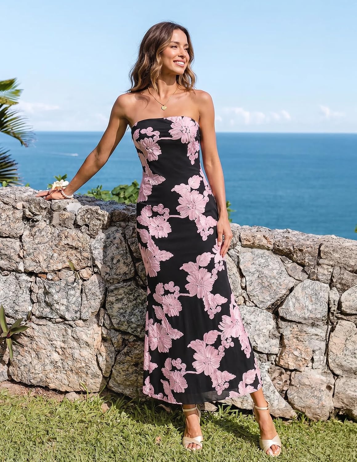 image:imageMEROKEETY Womens Summer Floral Wedding Guest Cocktail Maxi Dress Strapless Tube Top Mesh Bodycon Lined Mermaid 2026 Summer Dress Formal Elegant Prom Baby Shower Party Long DressPeach