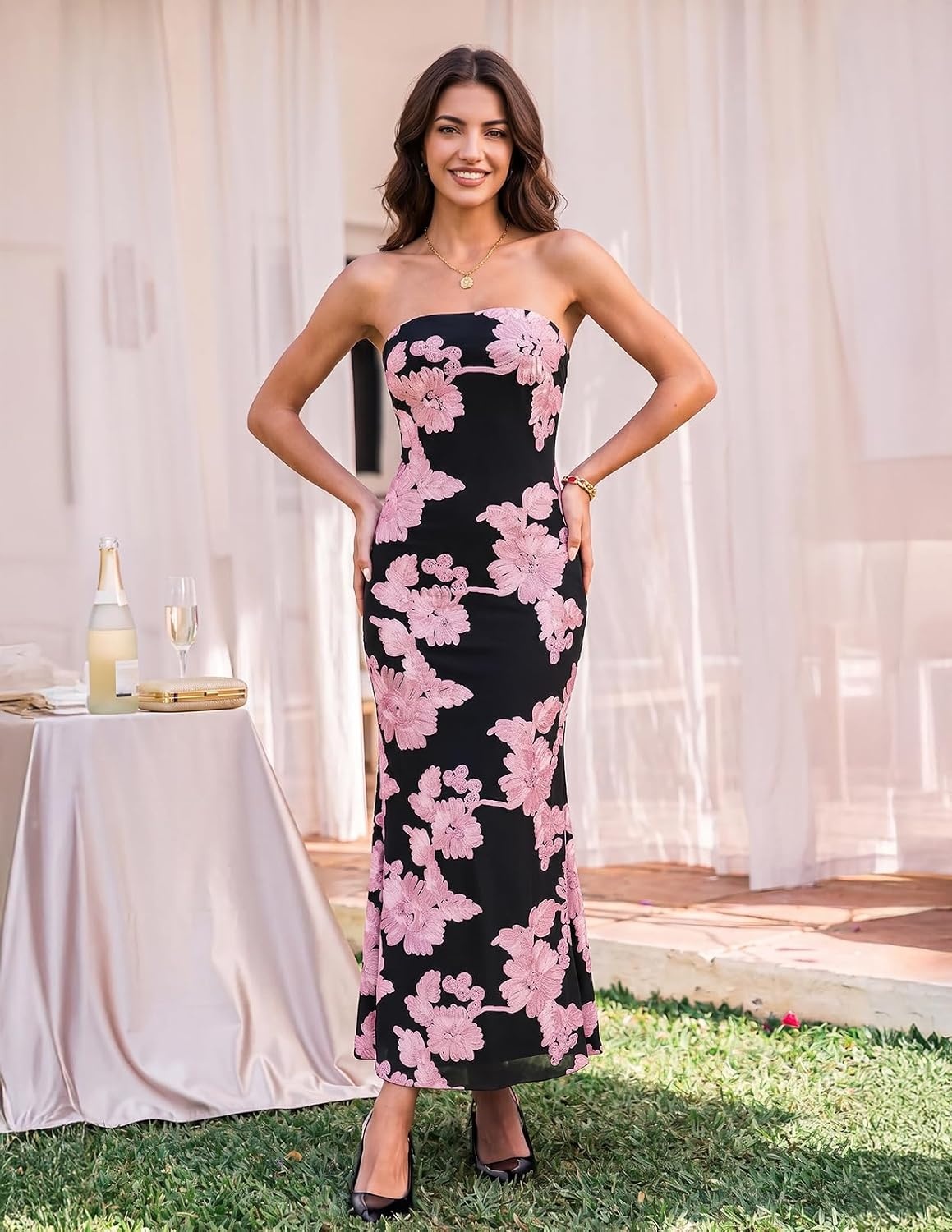 image:imageMEROKEETY Womens Summer Floral Wedding Guest Cocktail Maxi Dress Strapless Tube Top Mesh Bodycon Lined Mermaid 2026 Summer Dress Formal Elegant Prom Baby Shower Party Long DressPeach