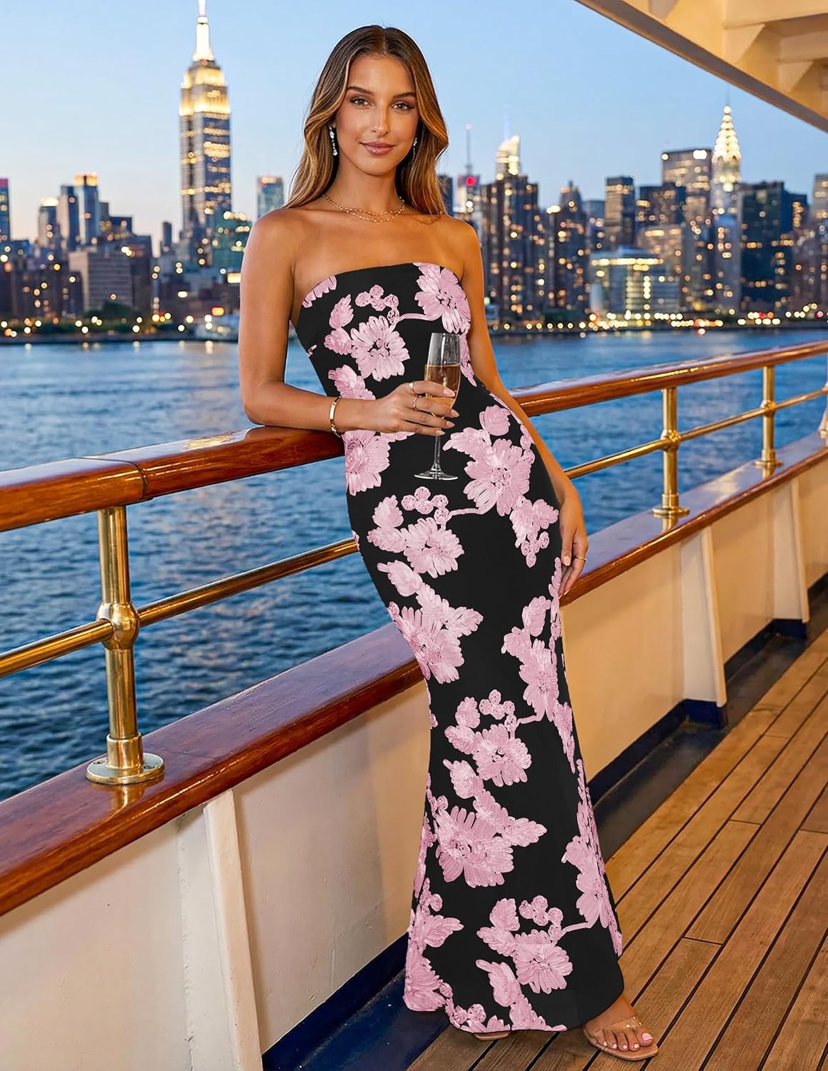 image:imageMEROKEETY Womens Summer Floral Wedding Guest Cocktail Maxi Dress Strapless Tube Top Mesh Bodycon Lined Mermaid 2026 Summer Dress Formal Elegant Prom Baby Shower Party Long DressPeach