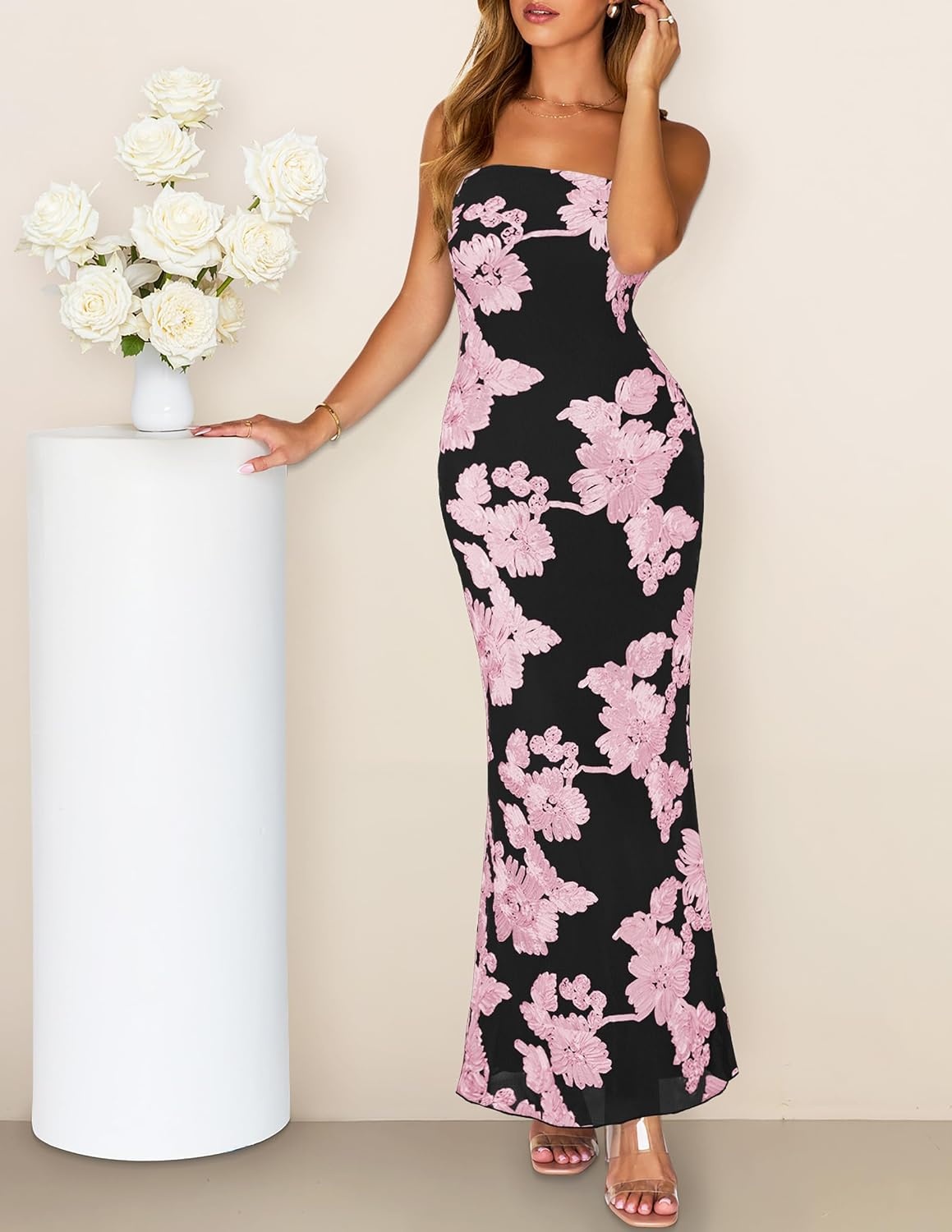 image:imageMEROKEETY Womens Summer Floral Wedding Guest Cocktail Maxi Dress Strapless Tube Top Mesh Bodycon Lined Mermaid 2026 Summer Dress Formal Elegant Prom Baby Shower Party Long DressPeach