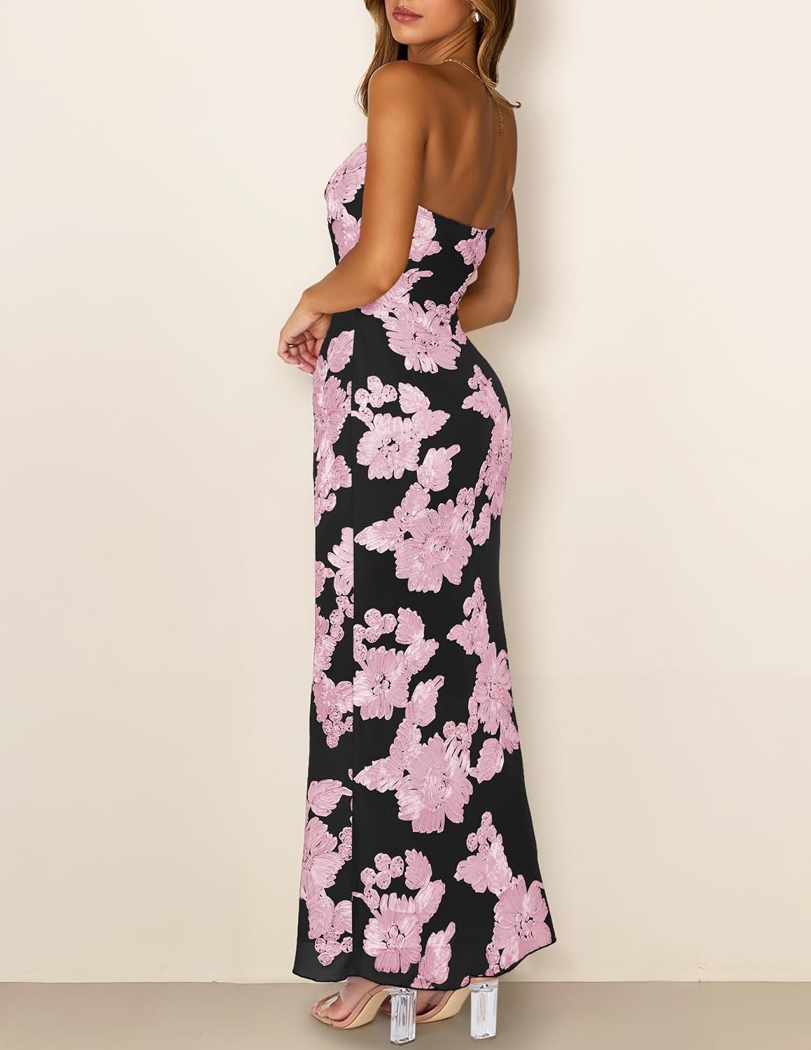 image:imageMEROKEETY Womens Summer Floral Wedding Guest Cocktail Maxi Dress Strapless Tube Top Mesh Bodycon Lined Mermaid 2026 Summer Dress Formal Elegant Prom Baby Shower Party Long DressPeach