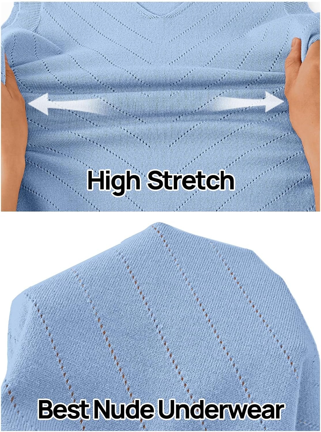 image:imageWomens Summer Sleeveless Eyelet Tank Top V Neck Lightweight Sweater Vest 2026 Knitted Business Casual Stretchable Ribbed Relaxed Breathable Dressy Blouse Shirts Layering Fall Outfit ClothesLightblue