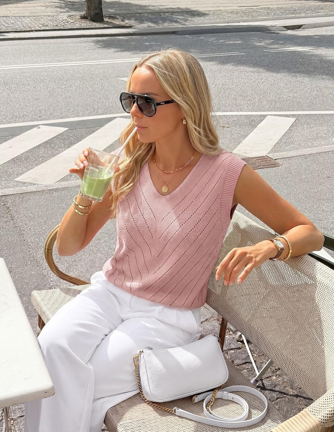 image:imageWomens Summer Sleeveless Eyelet Tank Top V Neck Lightweight Sweater Vest 2026 Knitted Business Casual Stretchable Ribbed Relaxed Breathable Dressy Blouse Shirts Layering Fall Outfit ClothesPink