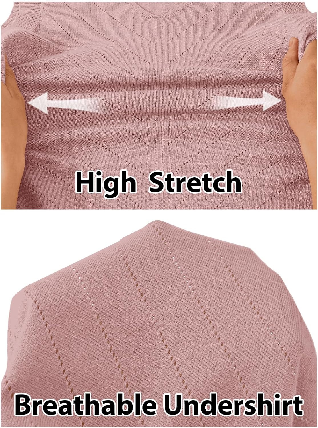 image:imageWomens Summer Sleeveless Eyelet Tank Top V Neck Lightweight Sweater Vest 2026 Knitted Business Casual Stretchable Ribbed Relaxed Breathable Dressy Blouse Shirts Layering Fall Outfit ClothesPink