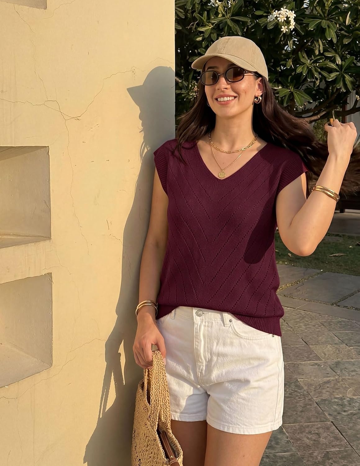 image:imageWomens Summer Sleeveless Eyelet Tank Top V Neck Lightweight Sweater Vest 2026 Knitted Business Casual Stretchable Ribbed Relaxed Breathable Dressy Blouse Shirts Layering Fall Outfit ClothesWine Red