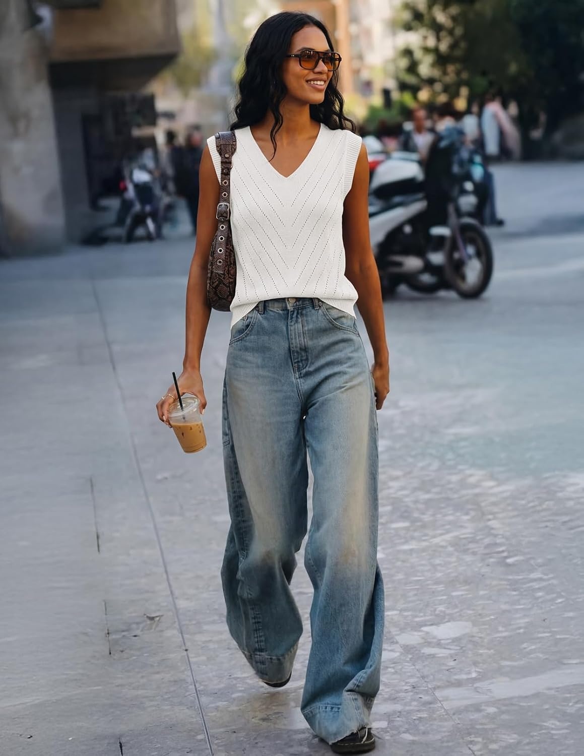 image:imageWomens Summer Sleeveless Eyelet Tank Top V Neck Lightweight Sweater Vest 2026 Knitted Business Casual Stretchable Ribbed Relaxed Breathable Dressy Blouse Shirts Layering Fall Outfit ClothesWhite