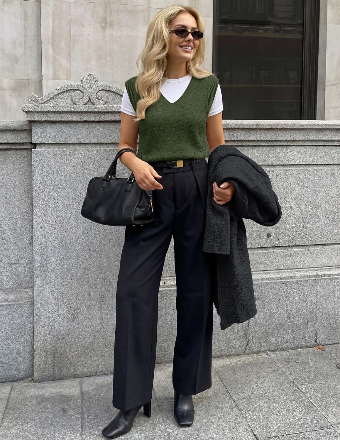 image:imageWomens Summer Sleeveless Eyelet Tank Top V Neck Lightweight Sweater Vest 2026 Knitted Business Casual Stretchable Ribbed Relaxed Breathable Dressy Blouse Shirts Layering Fall Outfit ClothesArmy Green