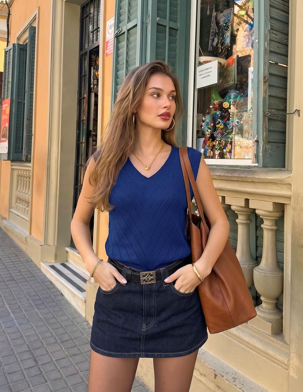 image:imageWomens Summer Sleeveless Eyelet Tank Top V Neck Lightweight Sweater Vest 2026 Knitted Business Casual Stretchable Ribbed Relaxed Breathable Dressy Blouse Shirts Layering Fall Outfit ClothesRoyalblue