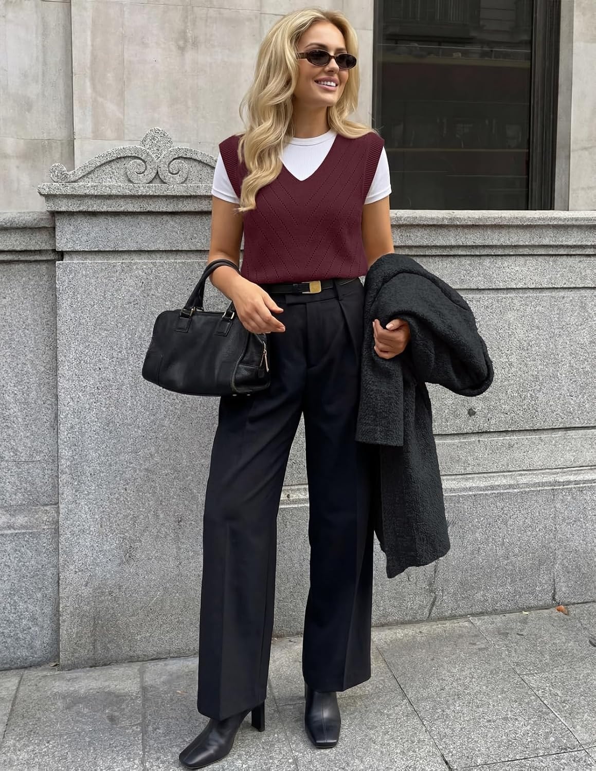 image:imageWomens Summer Sleeveless Eyelet Tank Top V Neck Lightweight Sweater Vest 2026 Knitted Business Casual Stretchable Ribbed Relaxed Breathable Dressy Blouse Shirts Layering Fall Outfit ClothesWine Red