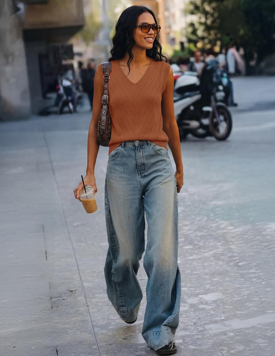 image:imageWomens Summer Sleeveless Eyelet Tank Top V Neck Lightweight Sweater Vest 2026 Knitted Business Casual Stretchable Ribbed Relaxed Breathable Dressy Blouse Shirts Layering Fall Outfit ClothesCaramel