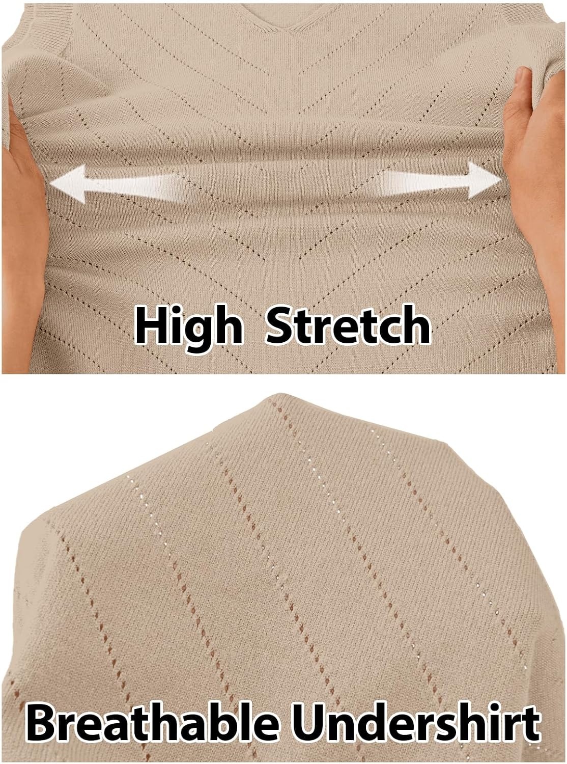 image:imageWomens Summer Sleeveless Eyelet Tank Top V Neck Lightweight Sweater Vest 2026 Knitted Business Casual Stretchable Ribbed Relaxed Breathable Dressy Blouse Shirts Layering Fall Outfit ClothesApricot