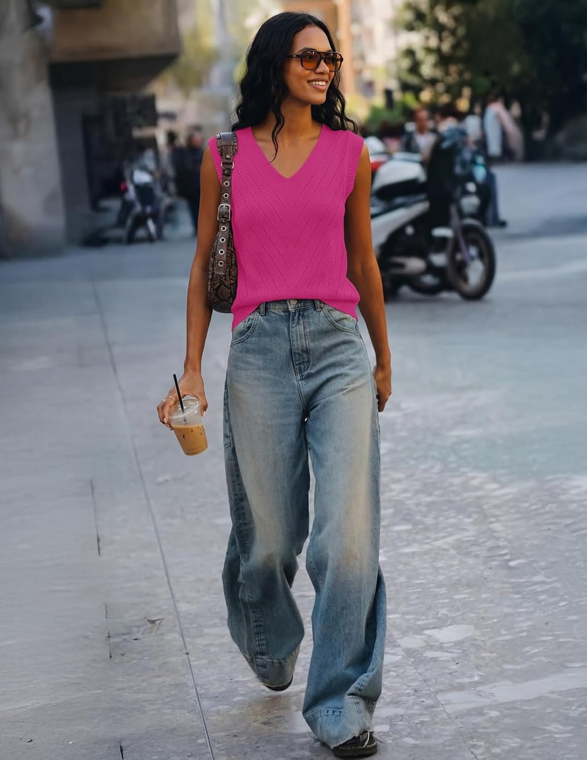 image:imageWomens Summer Sleeveless Eyelet Tank Top V Neck Lightweight Sweater Vest 2026 Knitted Business Casual Stretchable Ribbed Relaxed Breathable Dressy Blouse Shirts Layering Fall Outfit ClothesHotpink