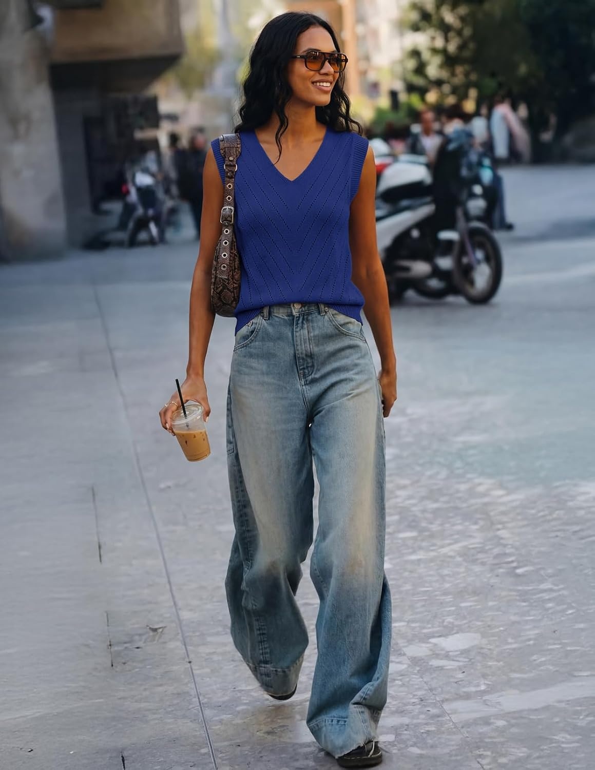 image:imageWomens Summer Sleeveless Eyelet Tank Top V Neck Lightweight Sweater Vest 2026 Knitted Business Casual Stretchable Ribbed Relaxed Breathable Dressy Blouse Shirts Layering Fall Outfit ClothesRoyalblue
