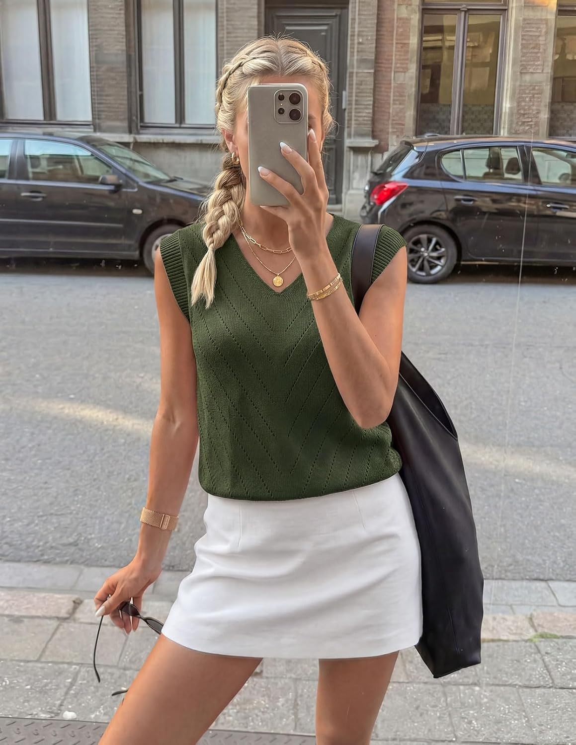 image:imageWomens Summer Sleeveless Eyelet Tank Top V Neck Lightweight Sweater Vest 2026 Knitted Business Casual Stretchable Ribbed Relaxed Breathable Dressy Blouse Shirts Layering Fall Outfit ClothesArmy Green