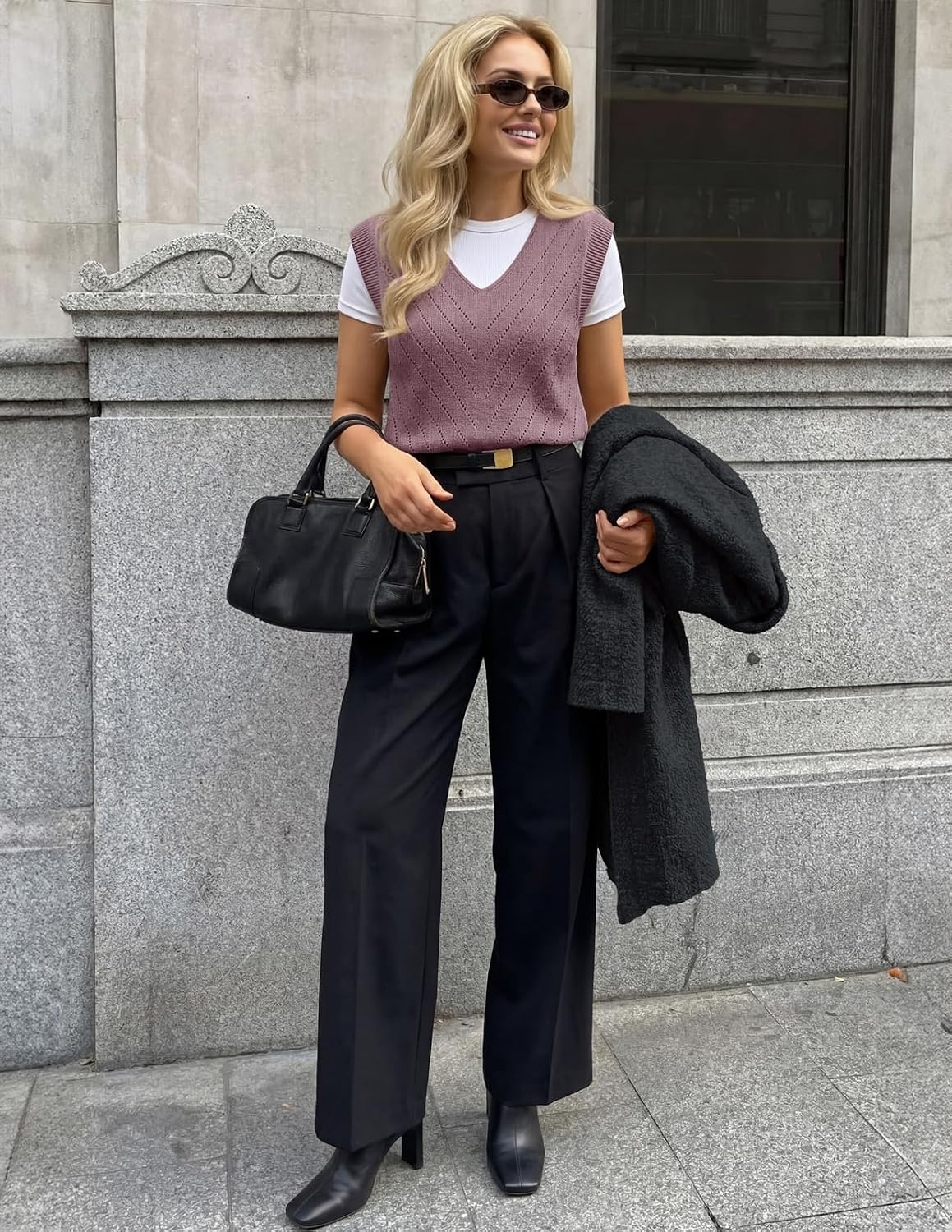 image:imageWomens Summer Sleeveless Eyelet Tank Top V Neck Lightweight Sweater Vest 2026 Knitted Business Casual Stretchable Ribbed Relaxed Breathable Dressy Blouse Shirts Layering Fall Outfit ClothesGrey Purple
